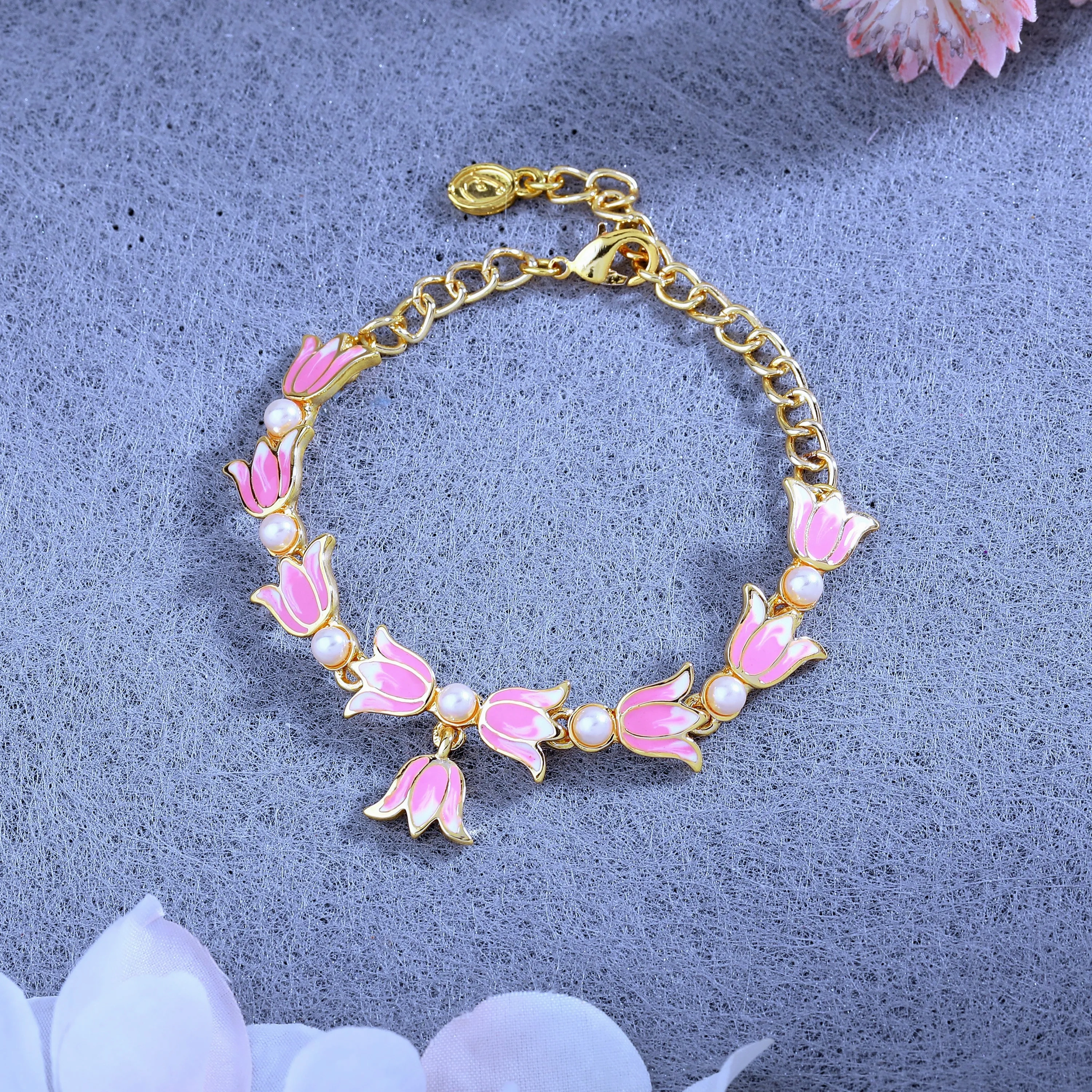 Estele Gold Plated Attractive Lotus Designer Adjustable Link Bracelet with Pearls &amp; Pink Enamel for Girl's &amp; Women