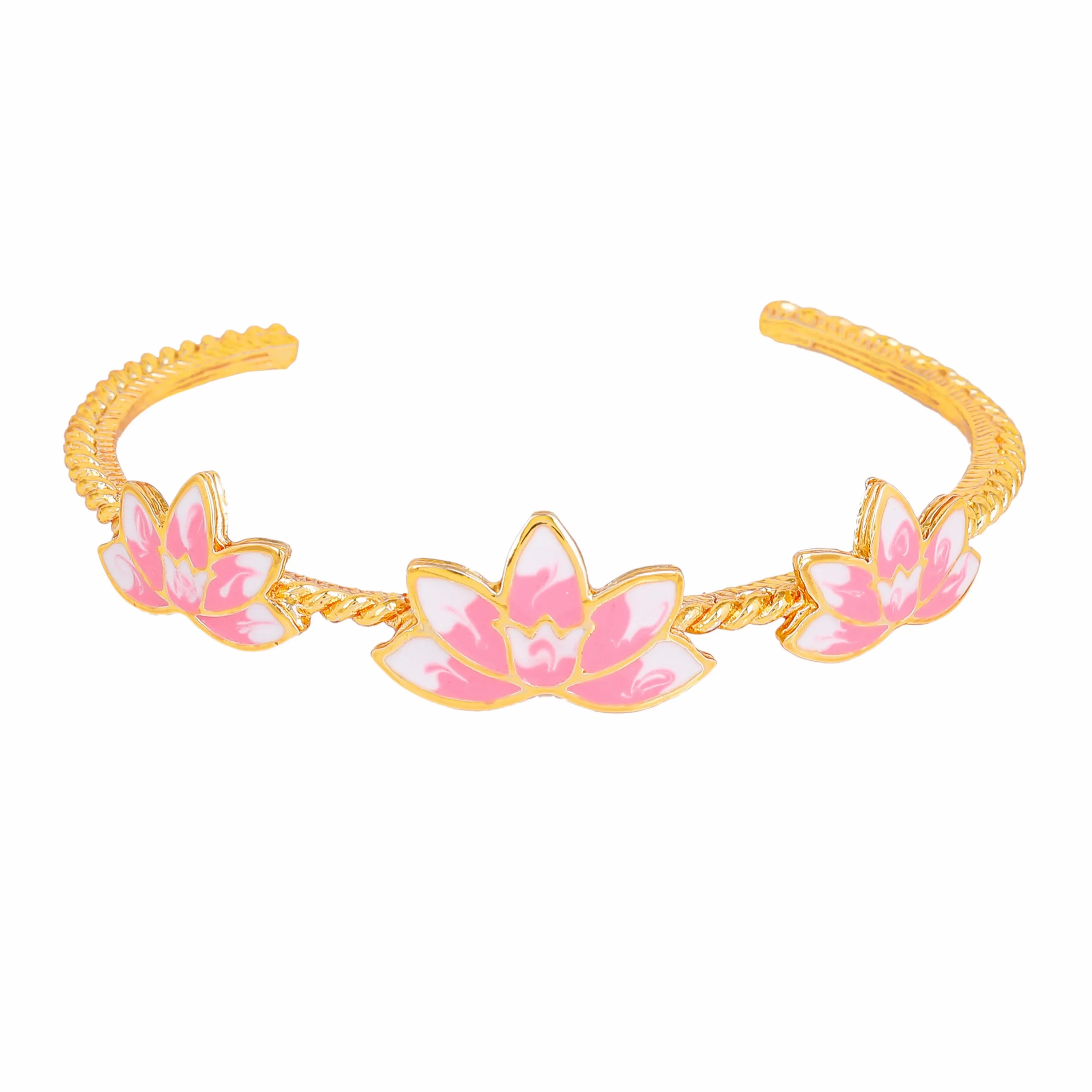 Estele Gold Plated Charming Lotus Designer Cuff Bracelet with Pink Enamel for Girl's &amp; Women