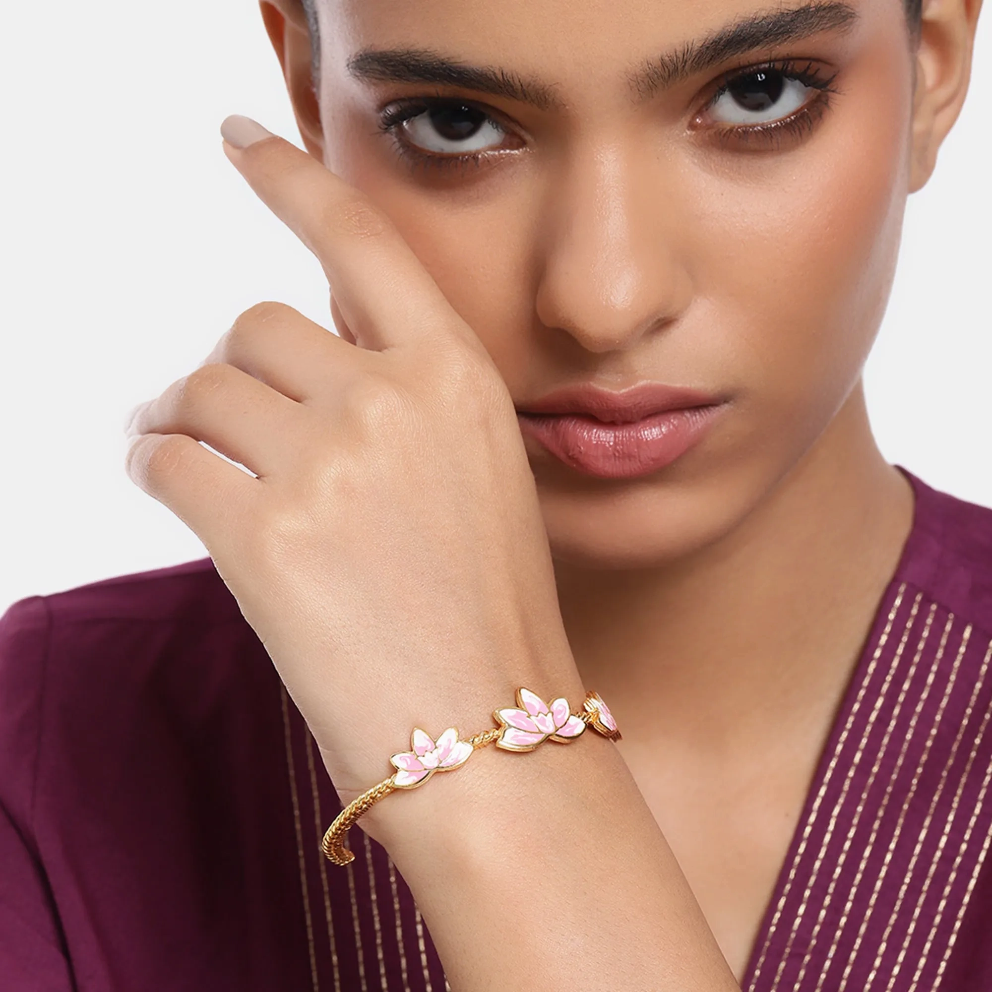 Estele Gold Plated Charming Lotus Designer Cuff Bracelet with Pink Enamel for Girl's &amp; Women