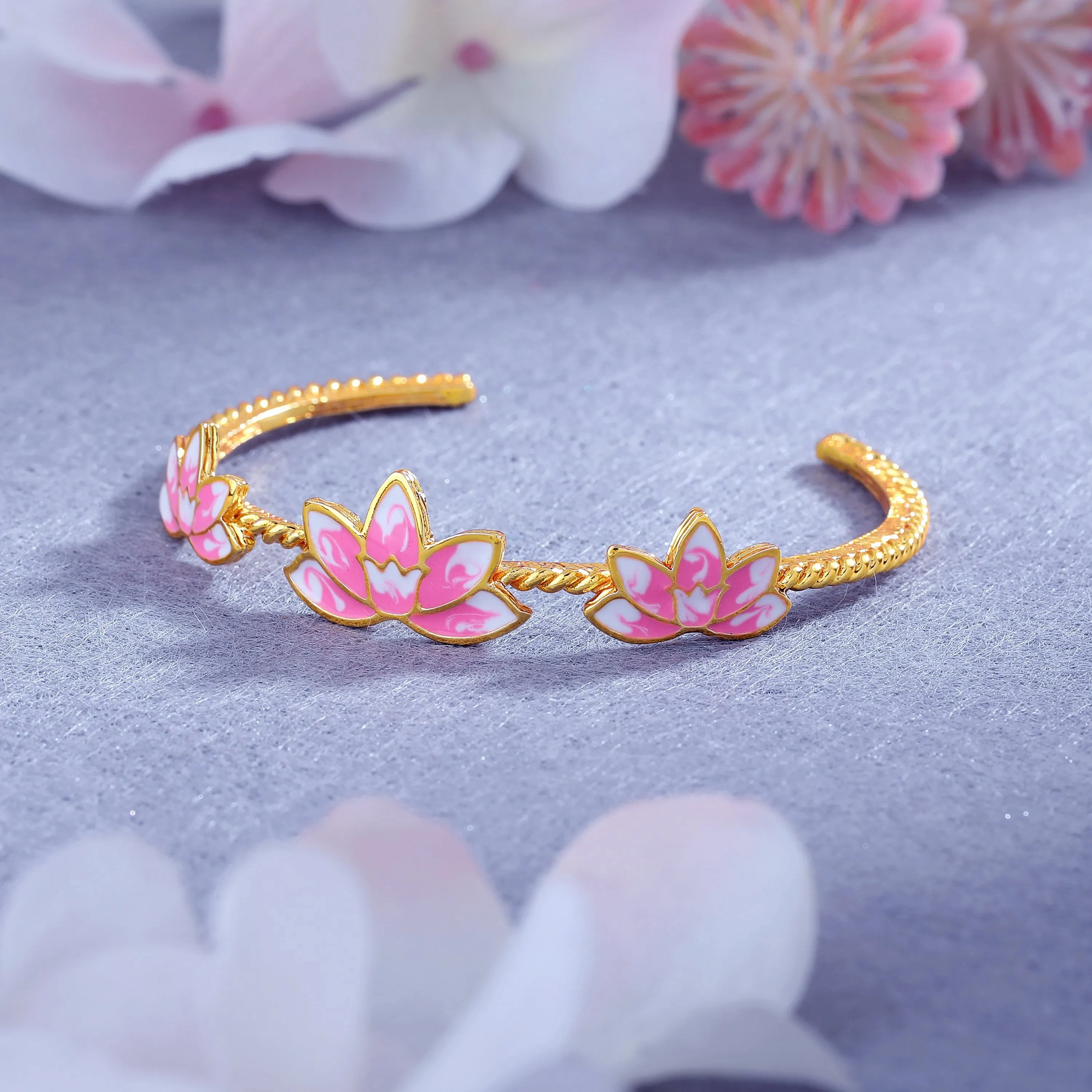 Estele Gold Plated Charming Lotus Designer Cuff Bracelet with Pink Enamel for Girl's &amp; Women