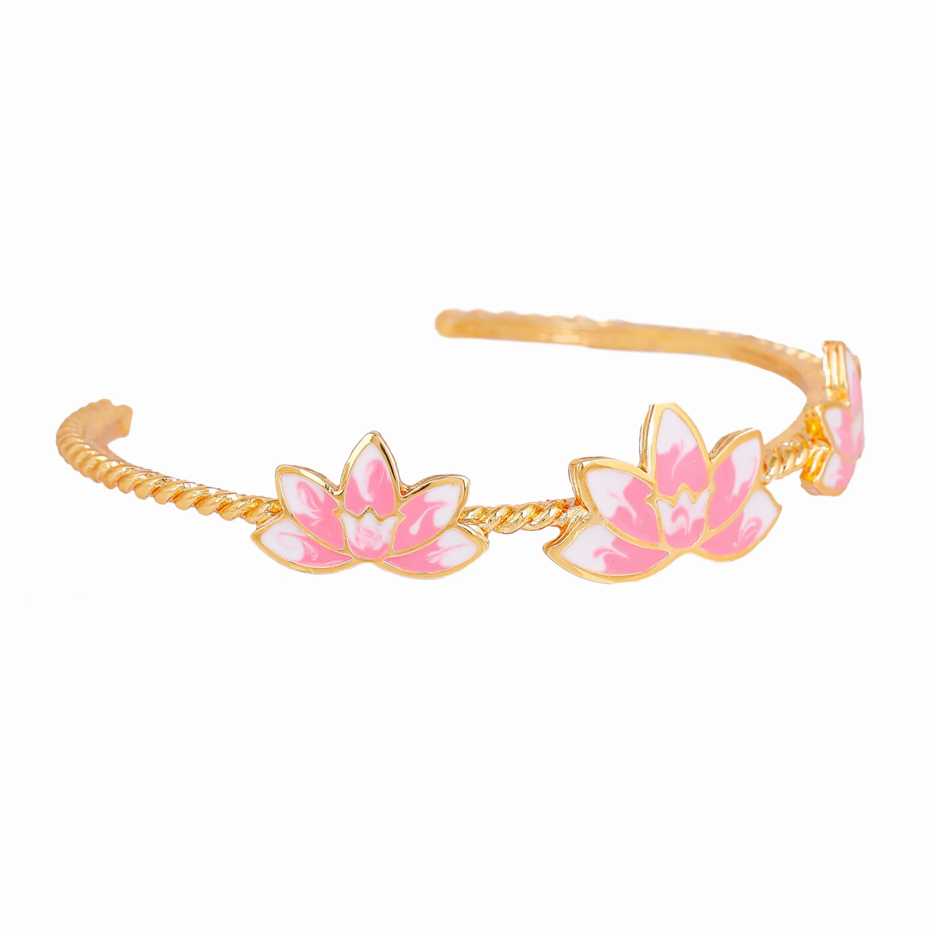 Estele Gold Plated Charming Lotus Designer Cuff Bracelet with Pink Enamel for Girl's &amp; Women