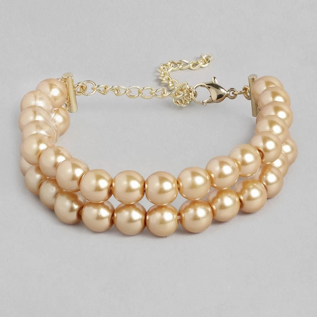 Estele Gold Plated Elegant &amp; Modern Two-Line Glowing Golden Pearl Bracelet for Girls &amp; Women