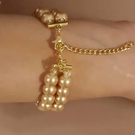 Estele Gold Plated Elegant &amp; Modern Two-Line Glowing Golden Pearl Bracelet for Girls &amp; Women