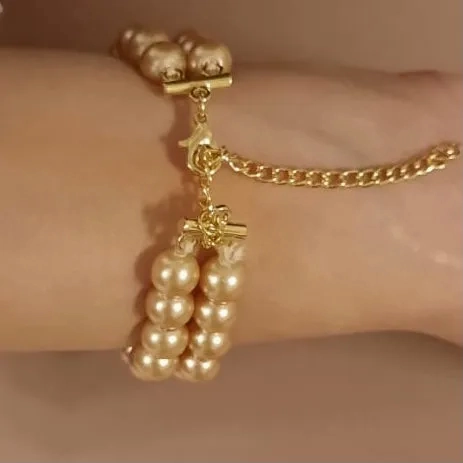Estele Gold Plated Elegant &amp; Modern Two-Line Glowing Golden Pearl Bracelet for Girls &amp; Women