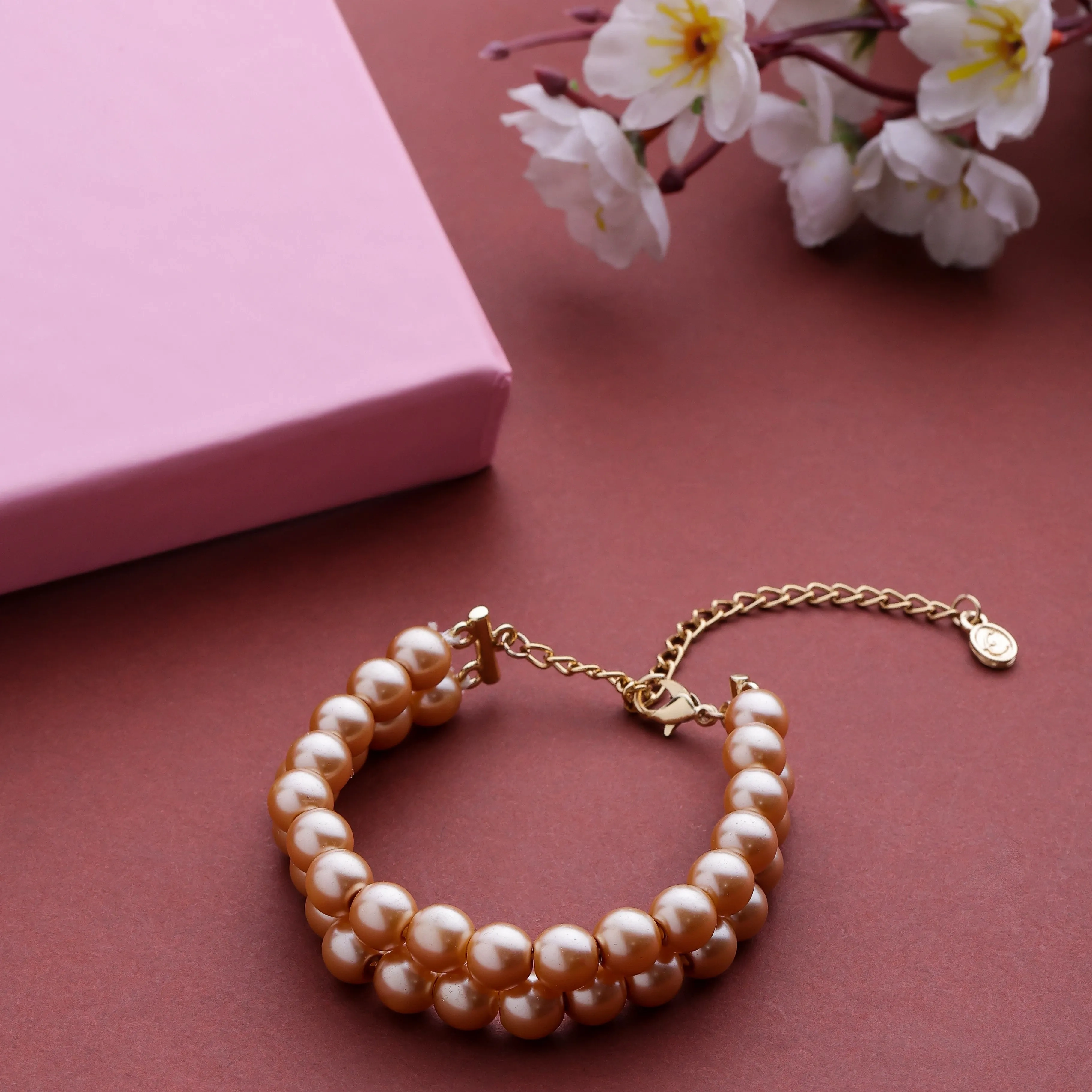 Estele Gold Plated Elegant &amp; Modern Two-Line Glowing Golden Pearl Bracelet for Girls &amp; Women