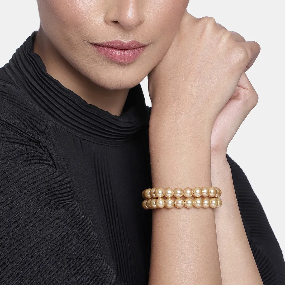 Estele Gold Plated Elegant &amp; Modern Two-Line Glowing Golden Pearl Bracelet for Girls &amp; Women