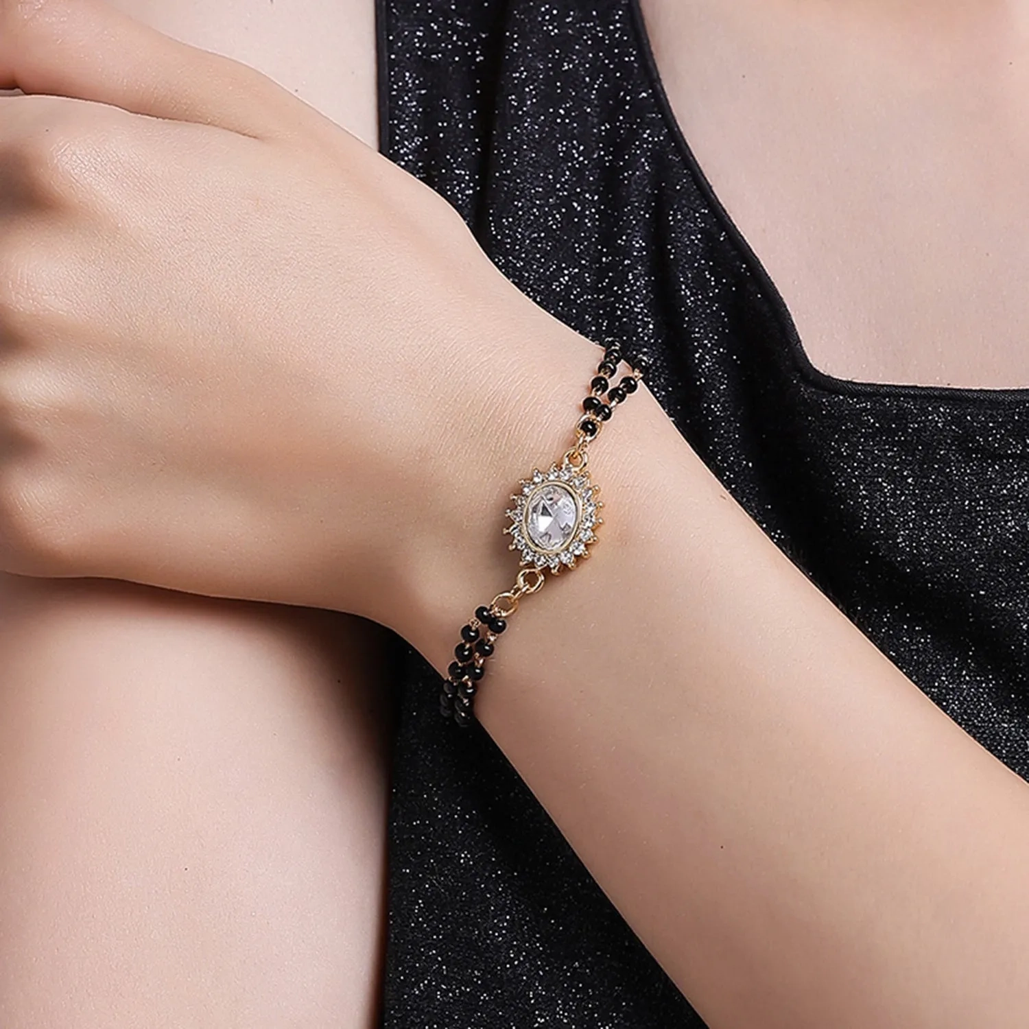 Estele Gold Plated Evil Eye with Black Beads Bracelet with Austrian Crystals &amp; Kundan for Women