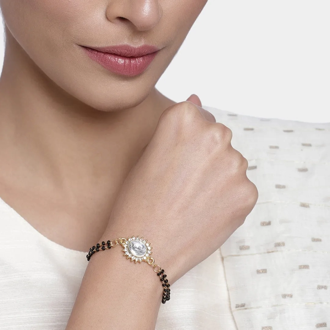 Estele Gold Plated Evil Eye with Black Beads Bracelet with Austrian Crystals &amp; Kundan for Women