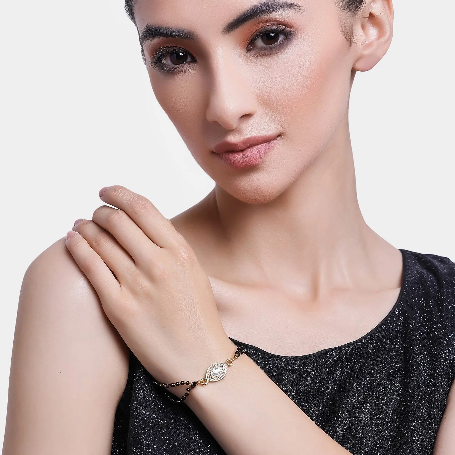 Estele Gold Plated Evil Eye with Black Beads Bracelet with Austrian Crystals &amp; Kundan for Women