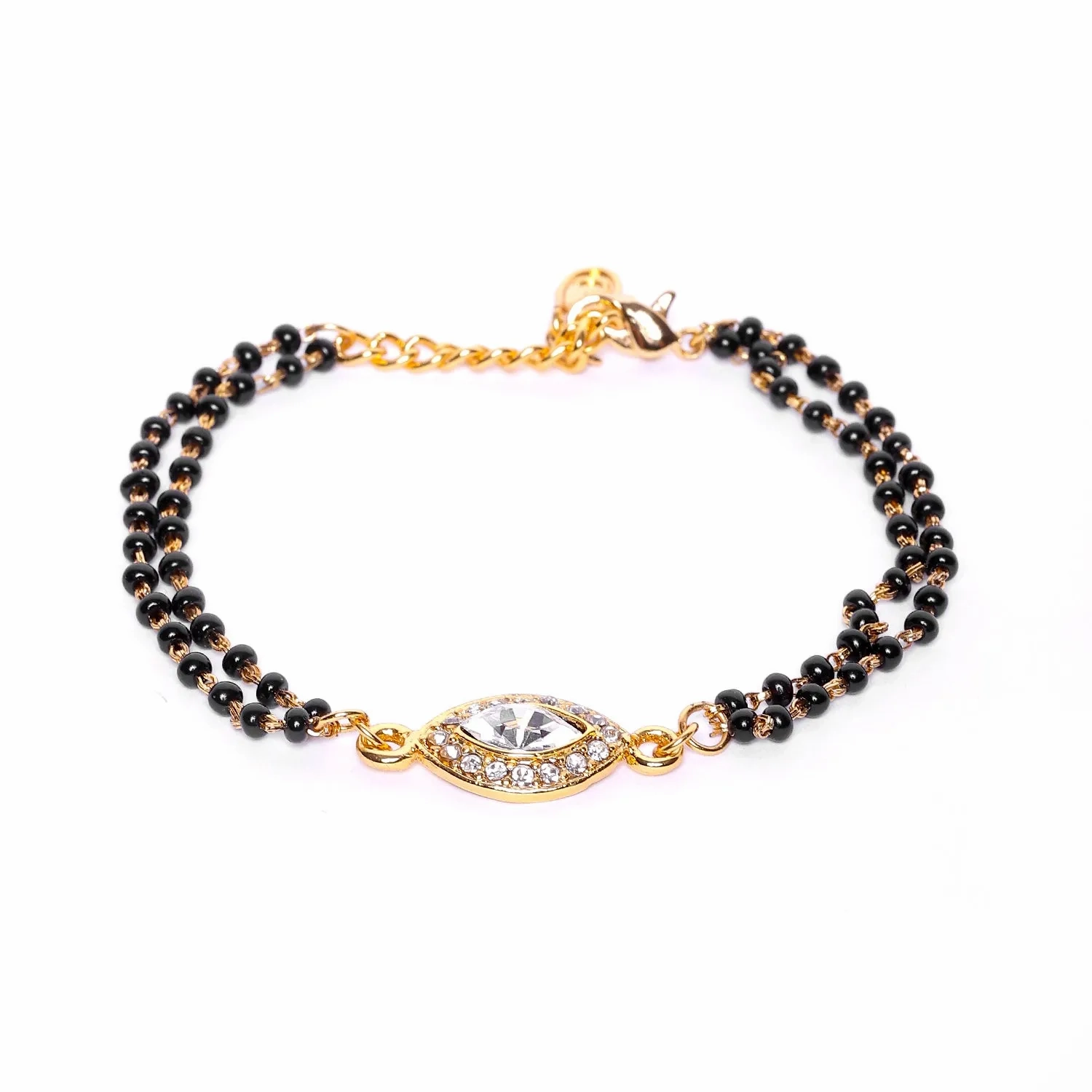 Estele Gold Plated Evil Eye with Black Beads Bracelet with Austrian Crystals &amp; Kundan for Women