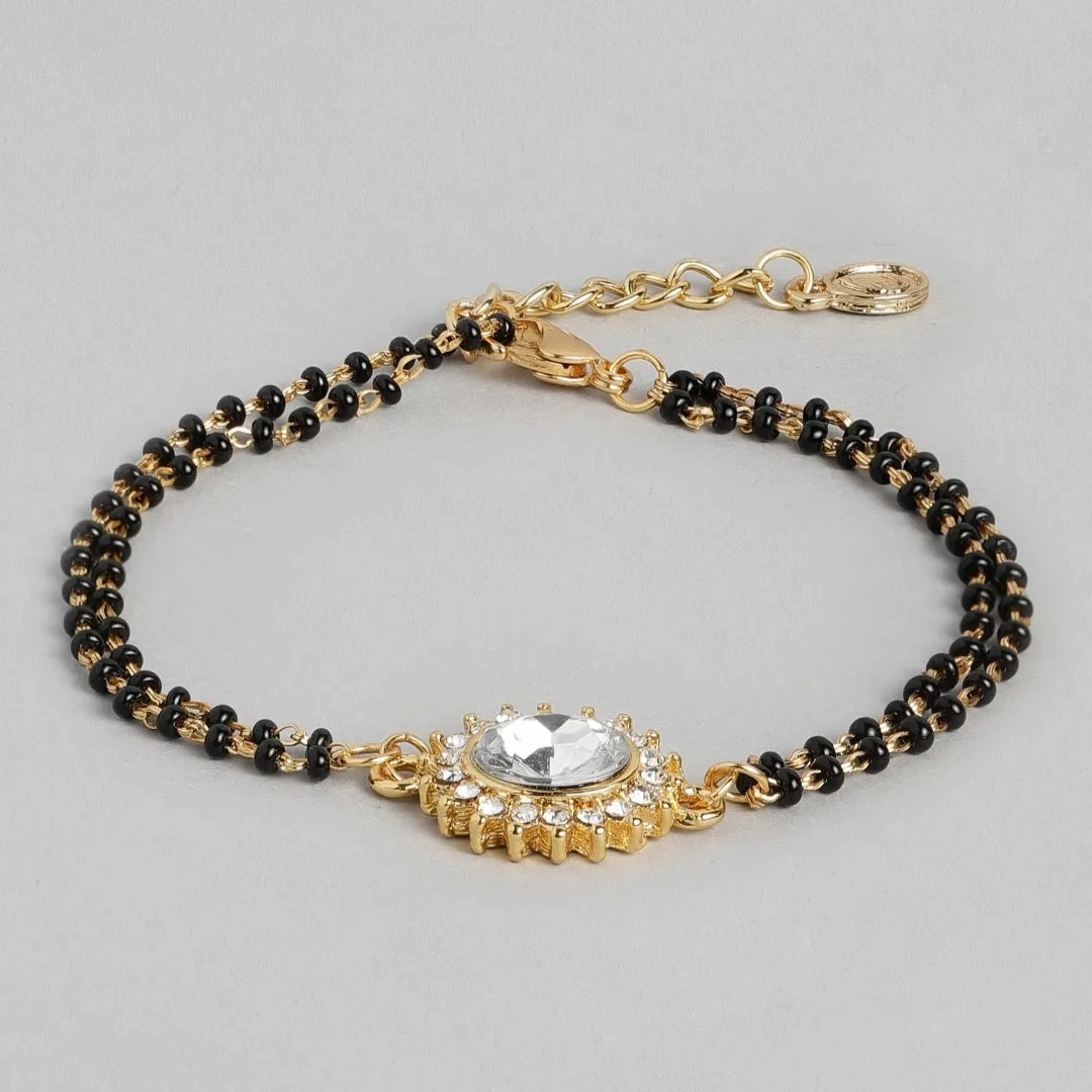 Estele Gold Plated Evil Eye with Black Beads Bracelet with Austrian Crystals &amp; Kundan for Women