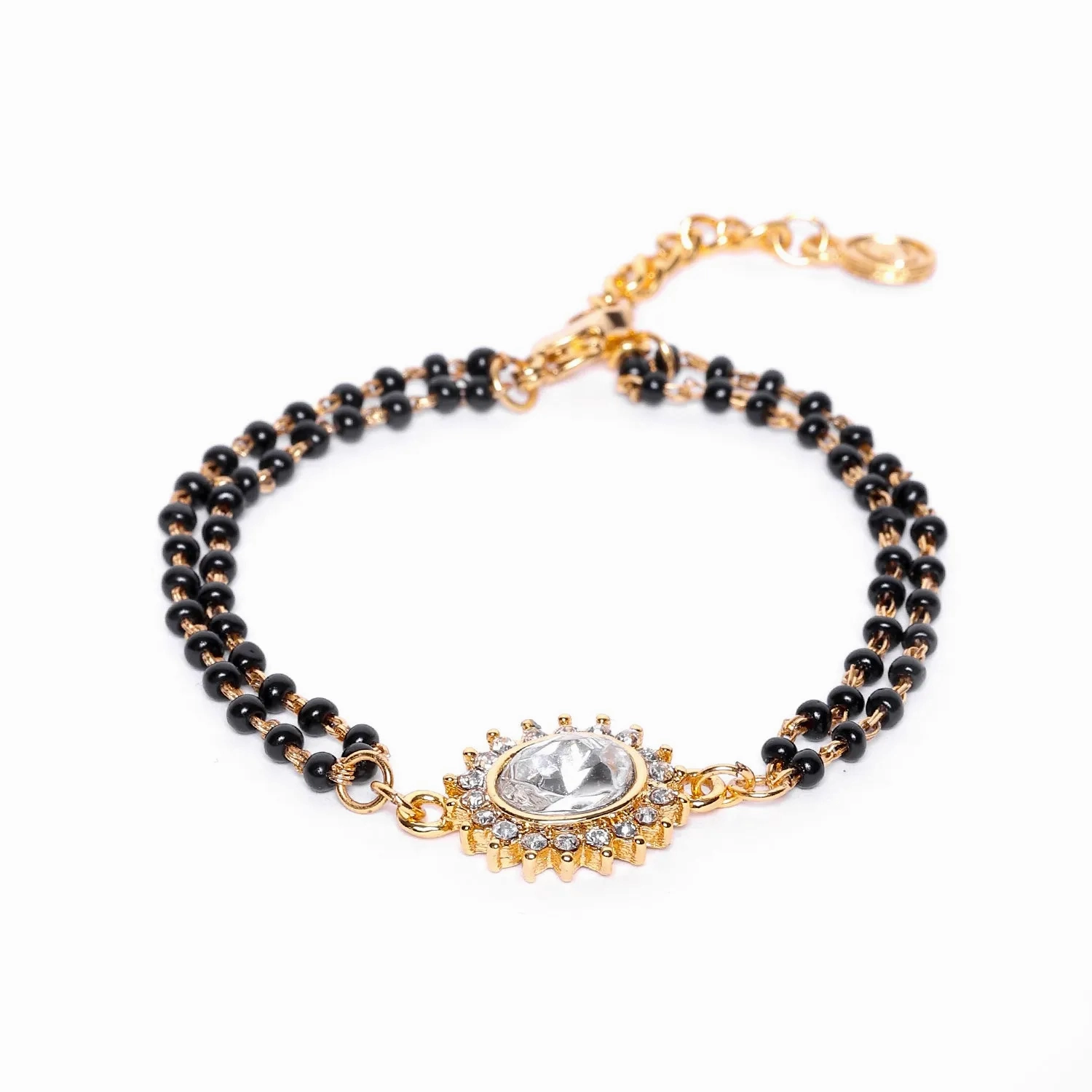 Estele Gold Plated Evil Eye with Black Beads Bracelet with Austrian Crystals &amp; Kundan for Women