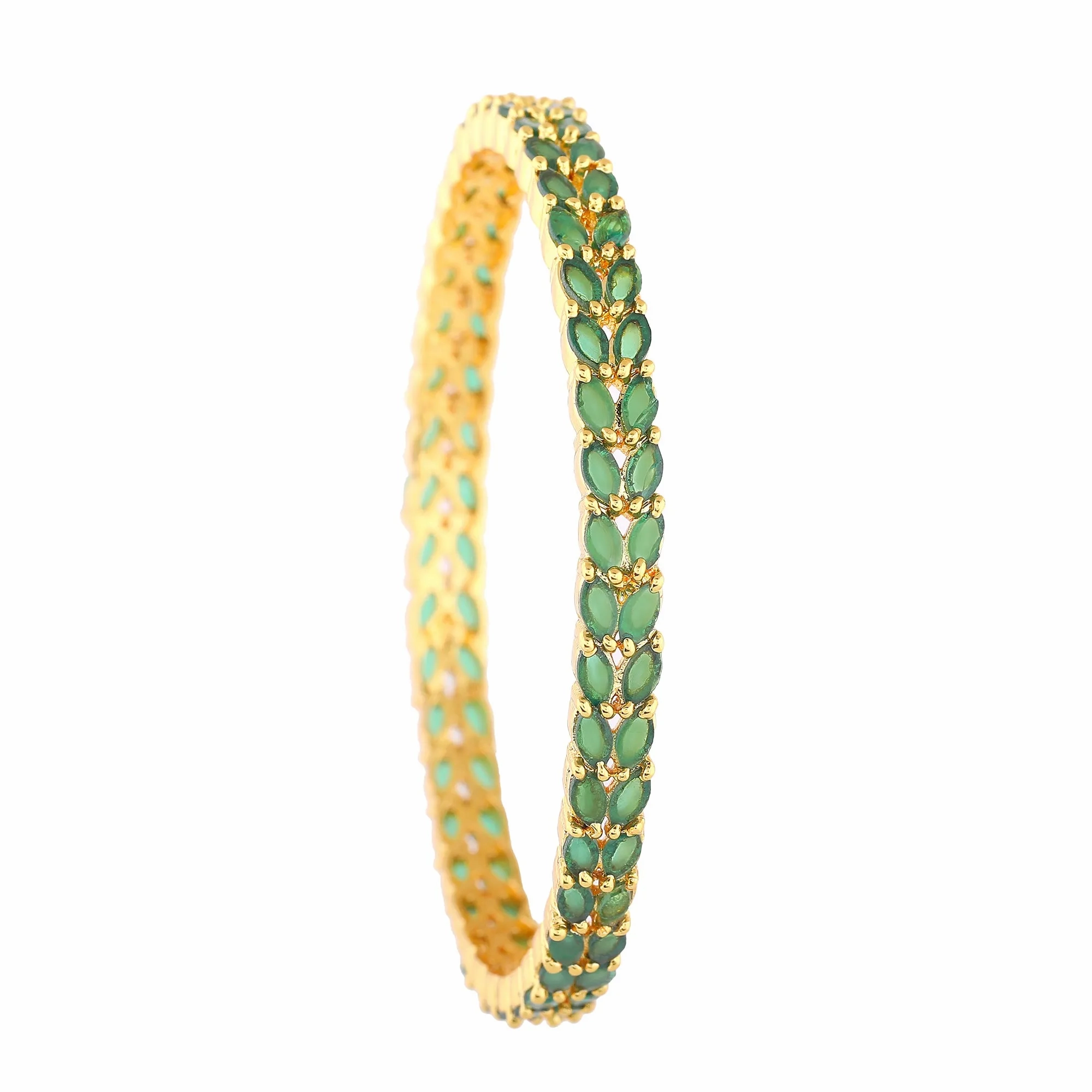 Estele Gold Plated Intricate Leafy Designer 2:6 Size Bangles with Green American Diamonds | Graceful Designer Jewelry for Women