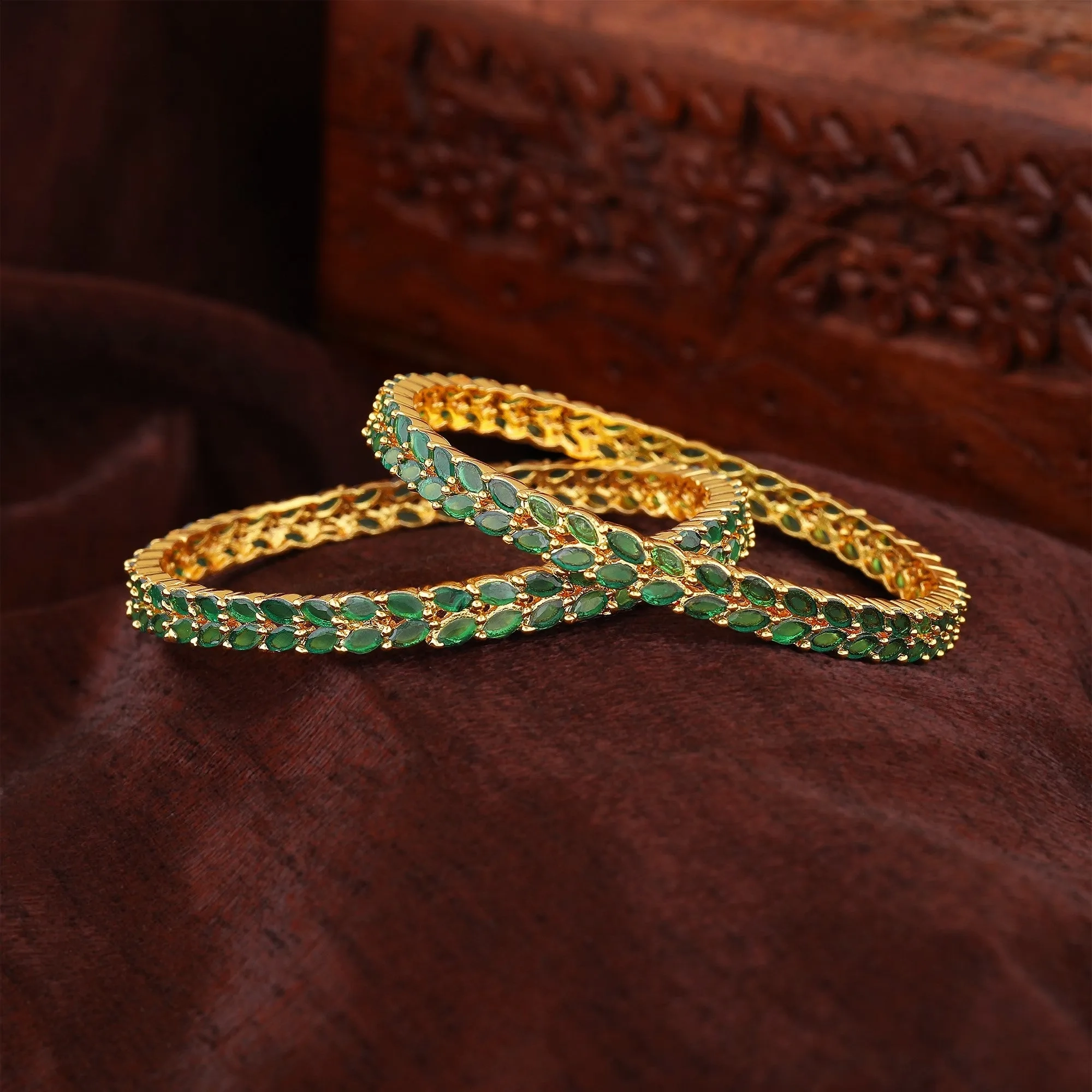 Estele Gold Plated Intricate Leafy Designer 2:6 Size Bangles with Green American Diamonds | Graceful Designer Jewelry for Women