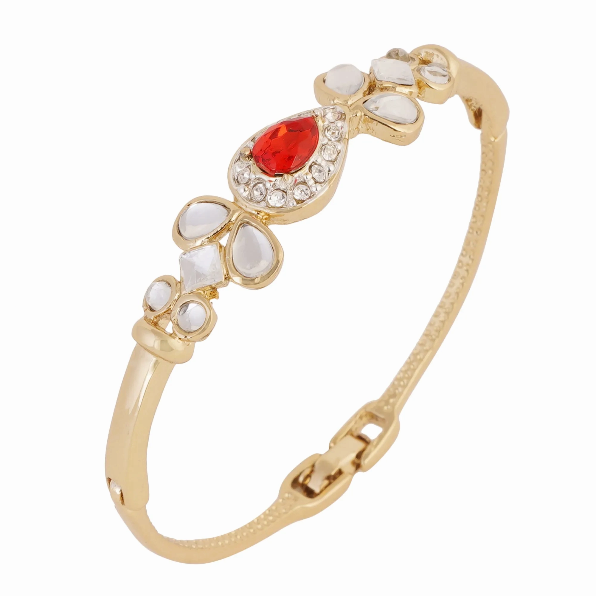 Estele Gold Plated Ruby Halo Regal Kundan Cuff Bracelet for women