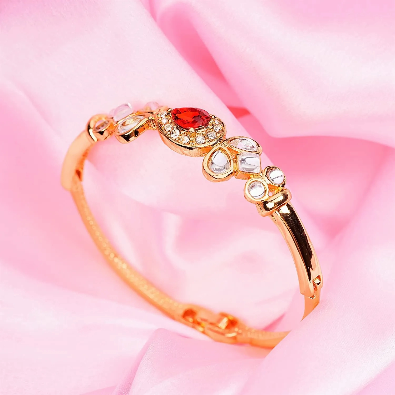 Estele Gold Plated Ruby Halo Regal Kundan Cuff Bracelet for women