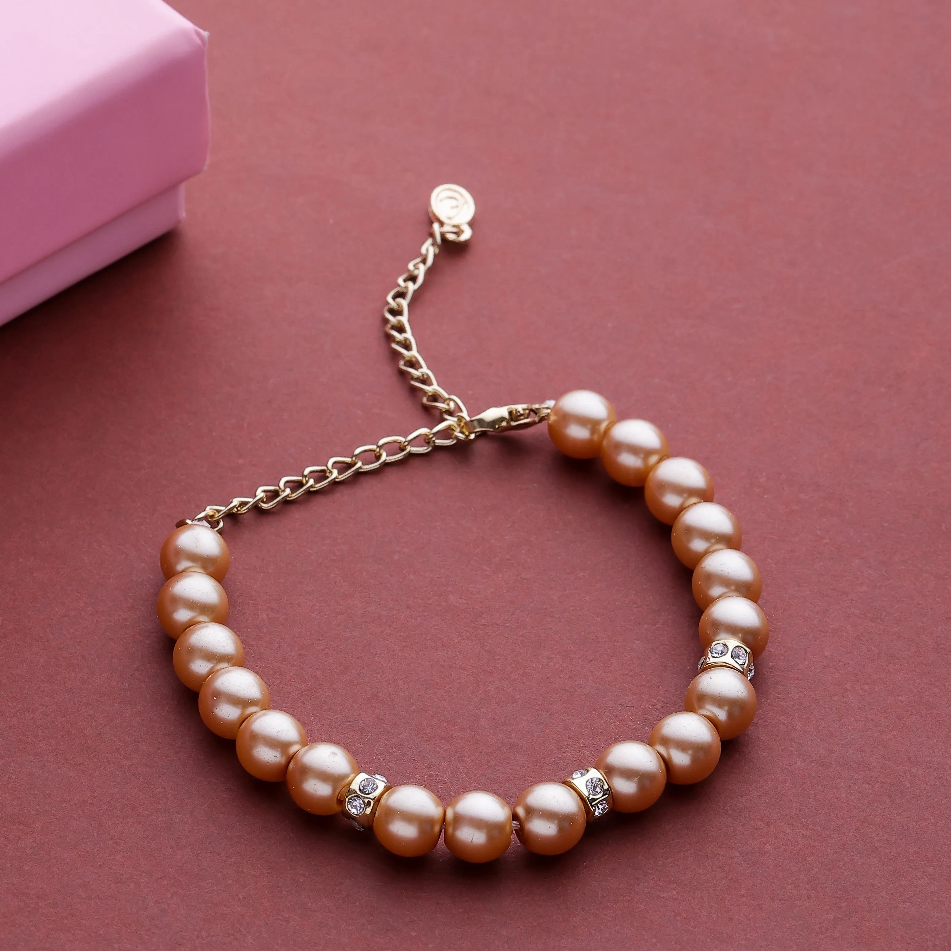 Estele Gold Plated Trendy &amp; Refined Single Line Purple Pearl Bracelet with White Crystals for Girls and Women