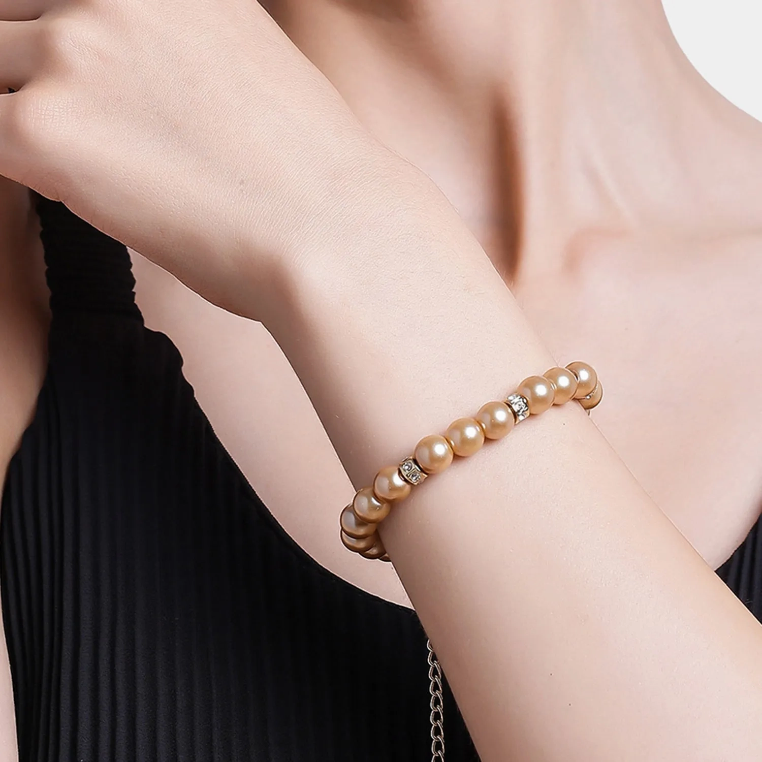 Estele Gold Plated Trendy &amp; Refined Single Line Purple Pearl Bracelet with White Crystals for Girls and Women