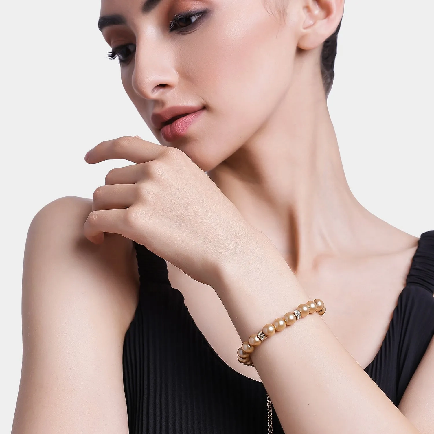 Estele Gold Plated Trendy &amp; Refined Single Line Purple Pearl Bracelet with White Crystals for Girls and Women