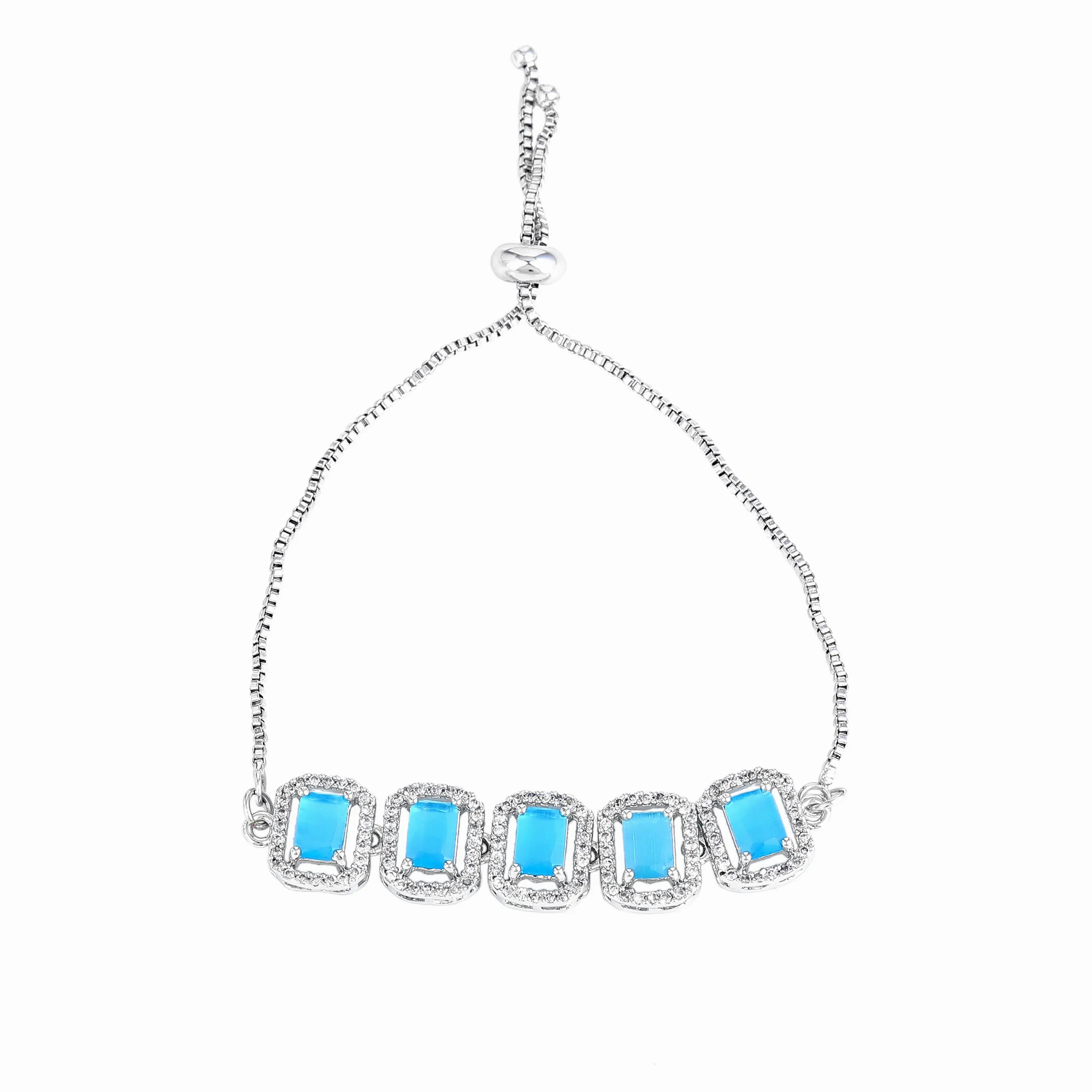 Estele Rhodium Plated CZ Ossum Octagon Bracelet with Mint Blue Stones for Women