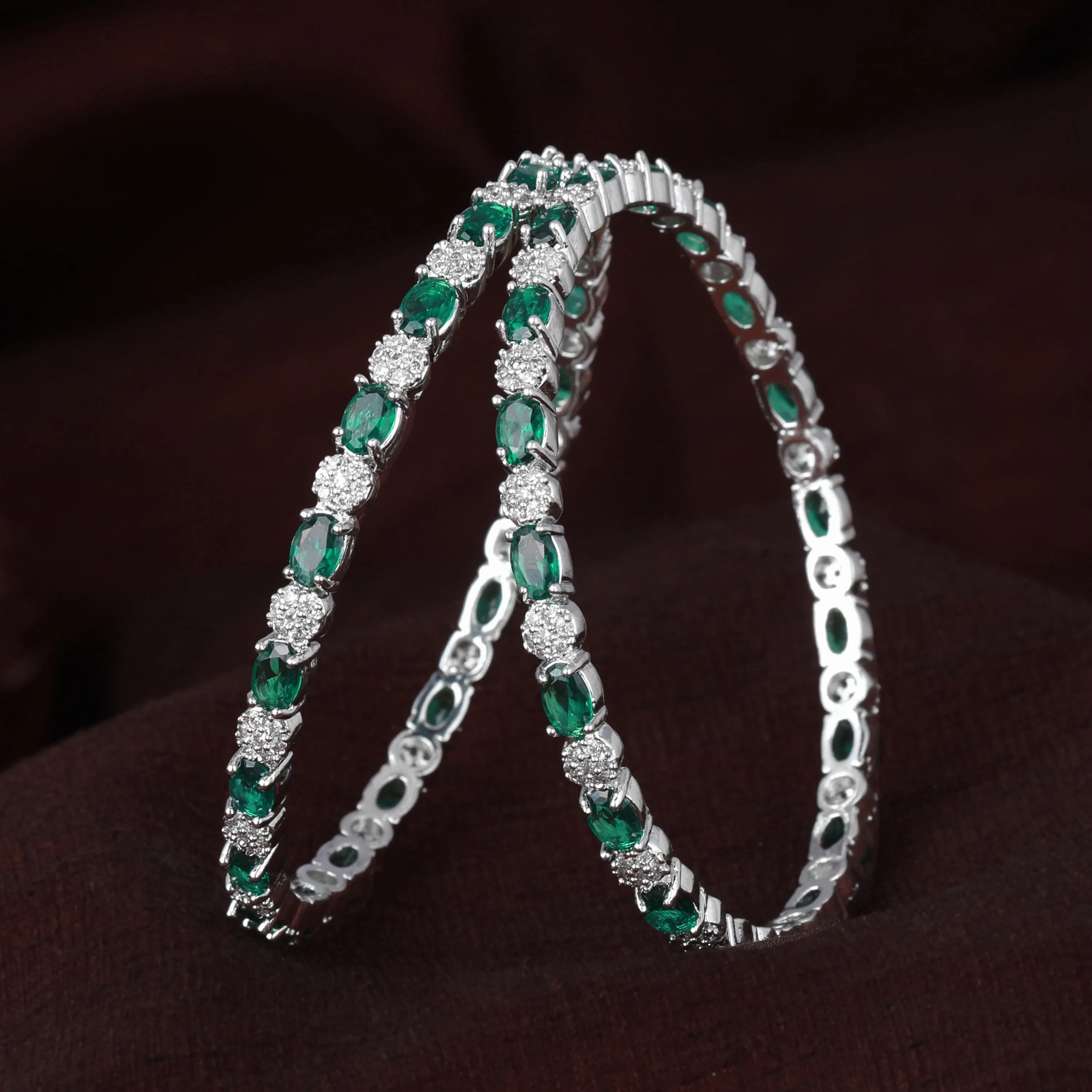 Estele Rhodium Plated Glamorous Green American Diamond Bangles |Available in 2:4, 2:6, &amp; 2:8 Sizes|A Timeless Look for Women