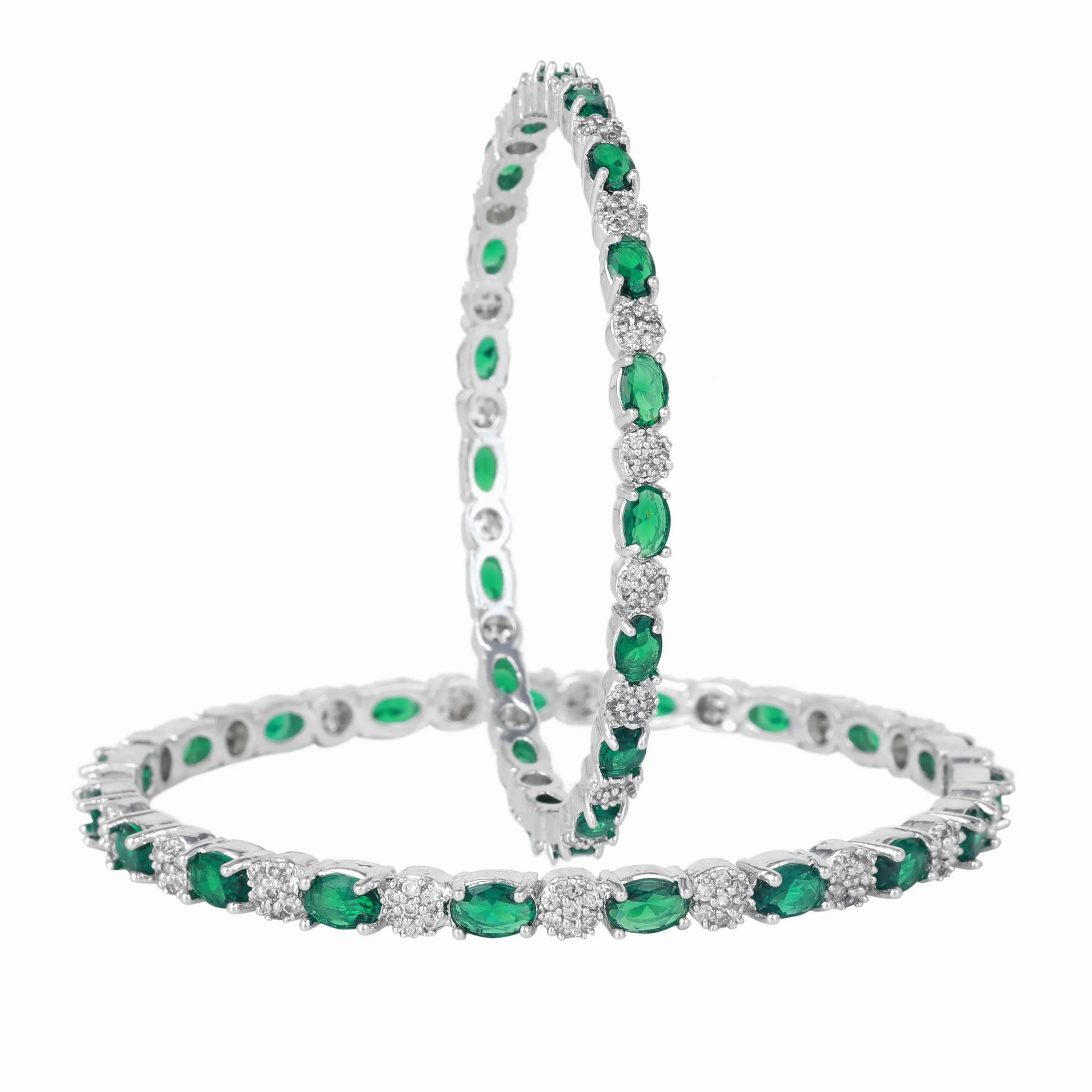 Estele Rhodium Plated Glamorous Green American Diamond Bangles |Available in 2:4, 2:6, &amp; 2:8 Sizes|A Timeless Look for Women