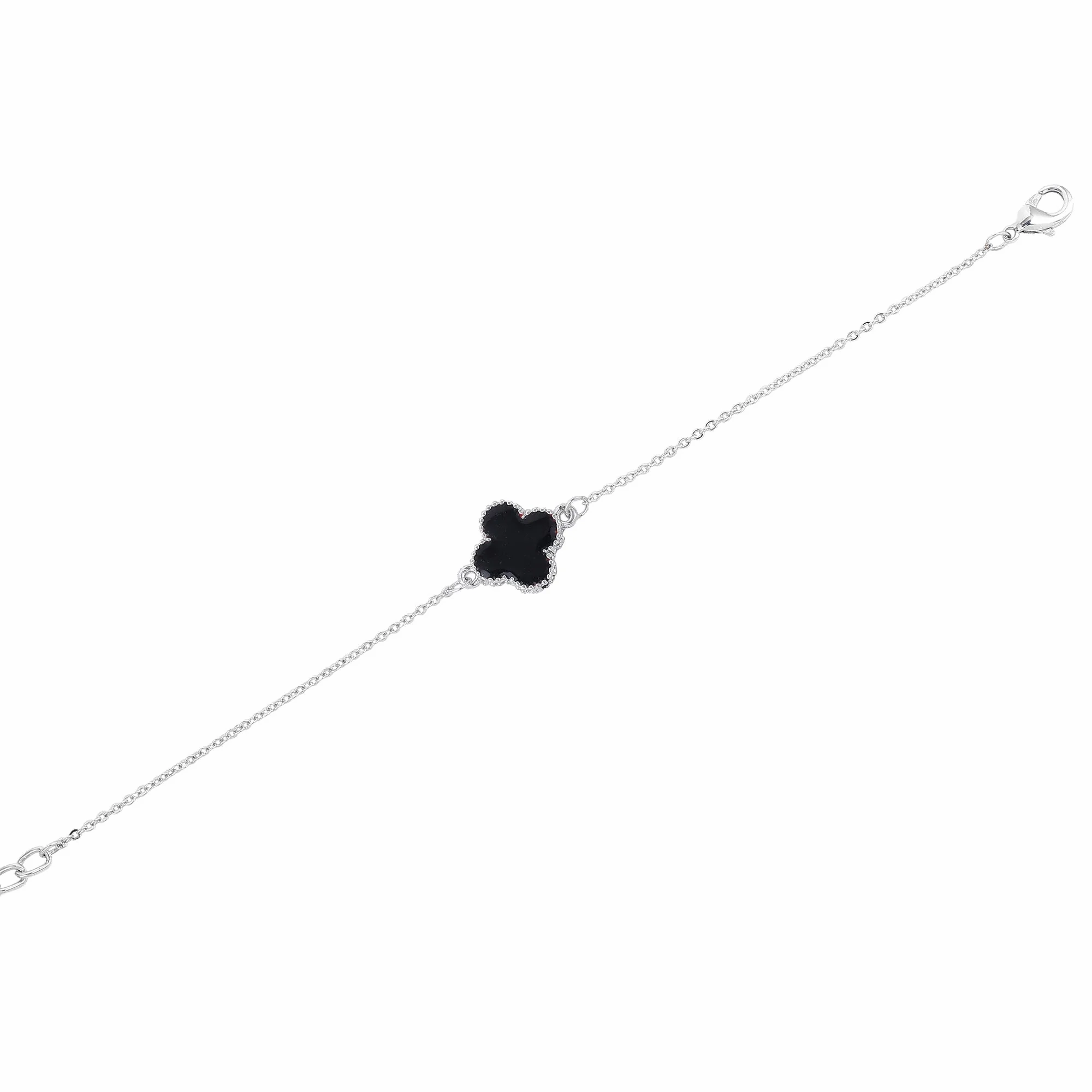 Estele Rhodium Plated Latest Trendy Single Black Clover Leaf Designer Adjustable Bracelet for Girls and Women