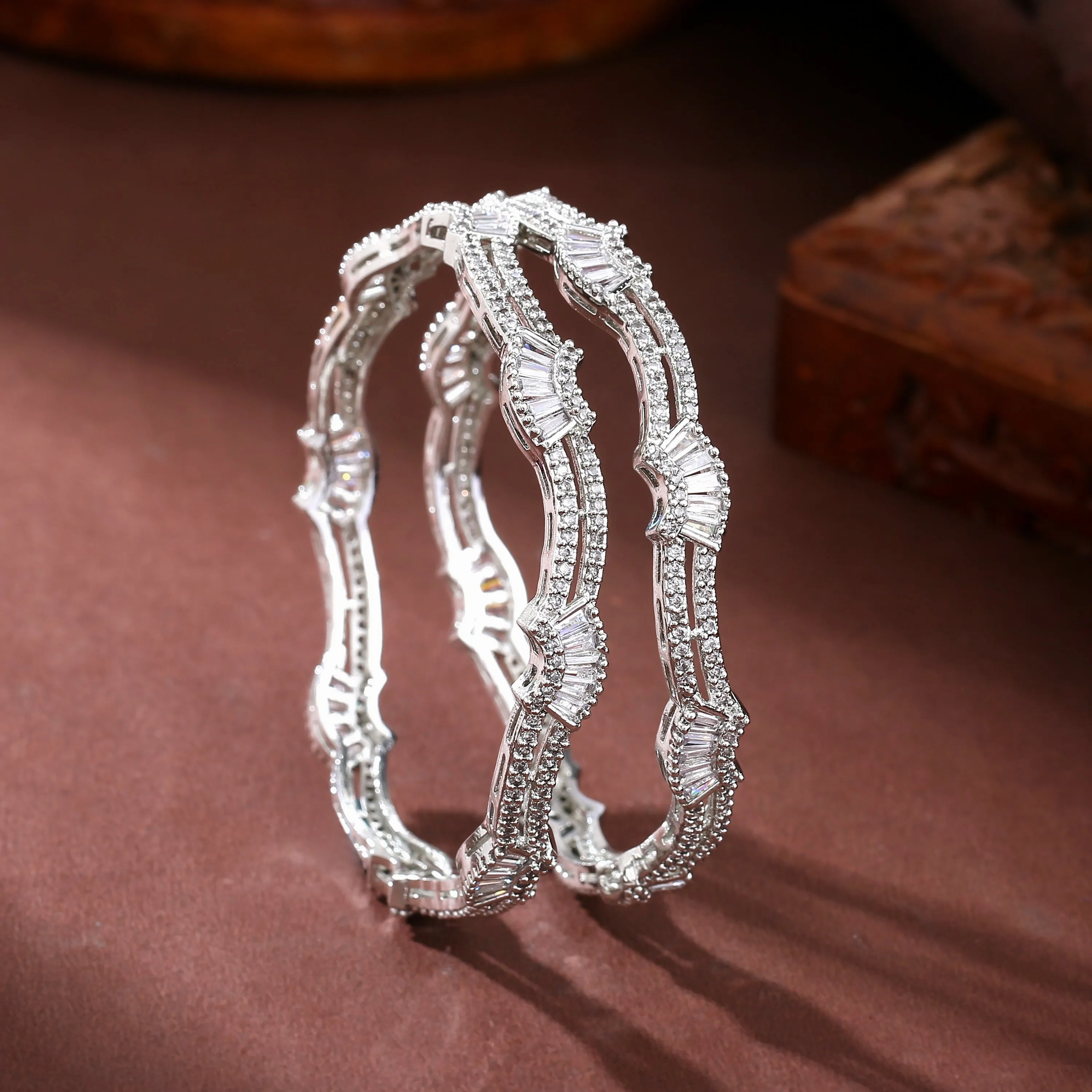Estele Rhodium Plated Stunning White American Diamond Bangles |Available Sizes in 2:6 &amp; 2:8| Classic Design with Modern Elegance for Women