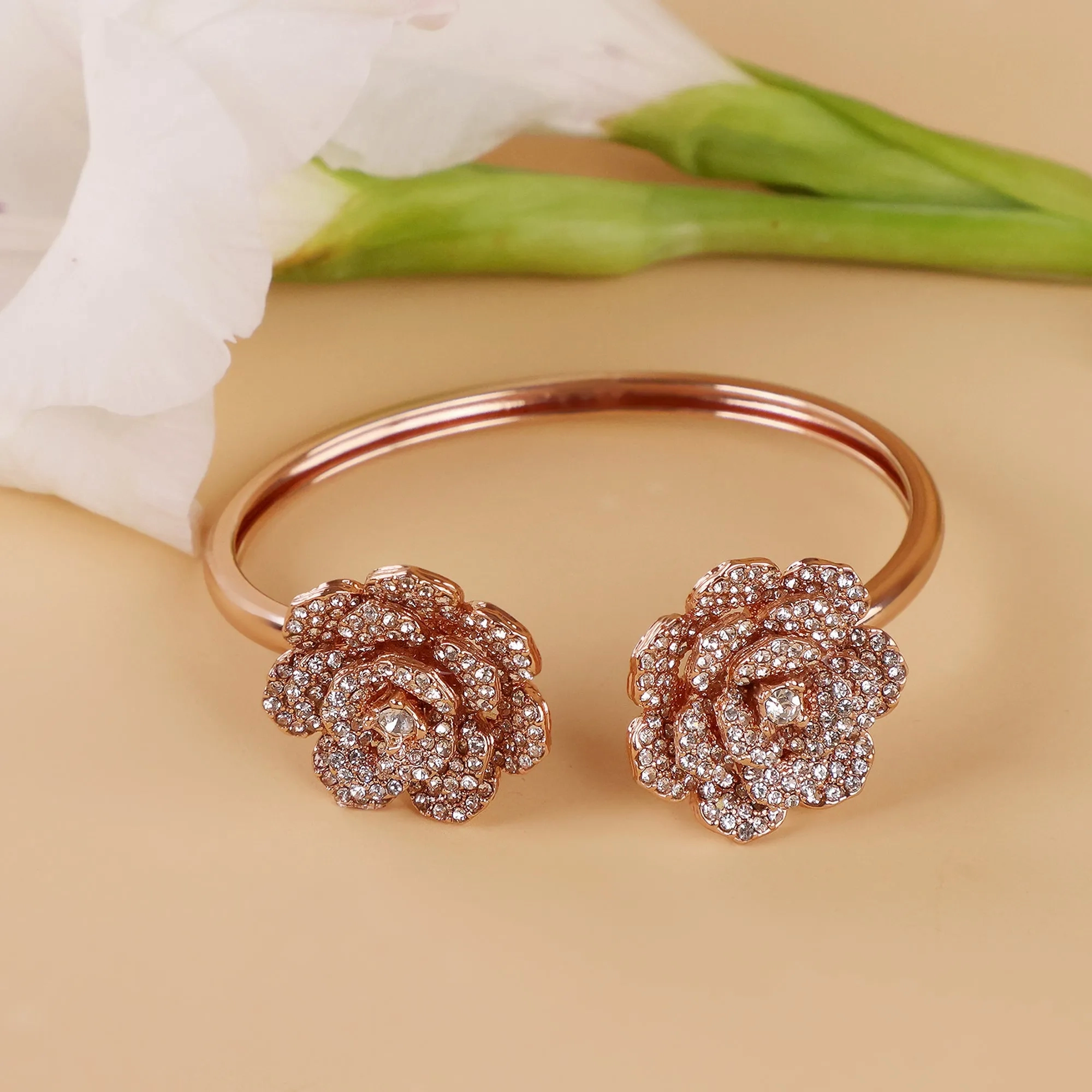 Estele Rose Collectiona??? Elegant Rose Motif Cuff Bracelet: Exclusive Rosegold Plated Floral Design for Womena??? Perfect for Stylish Daywear &amp; Evening Glam