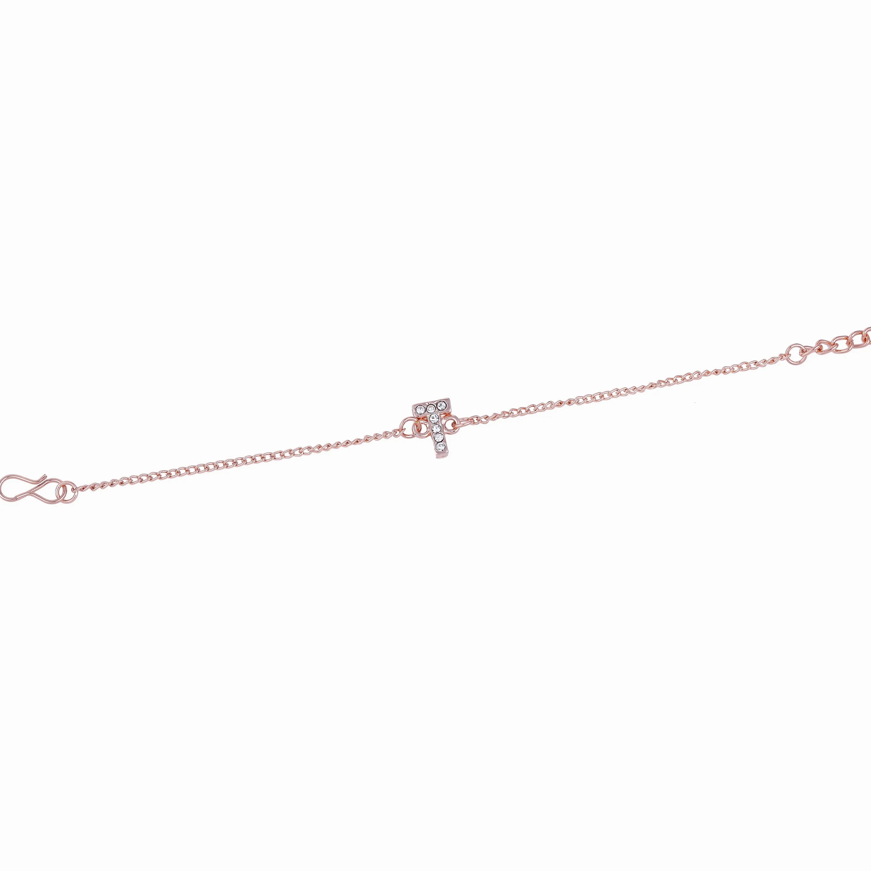 Estele Rose Gold Plated Captivating Medium 'T' Letter Bracelet with Crystals for Women