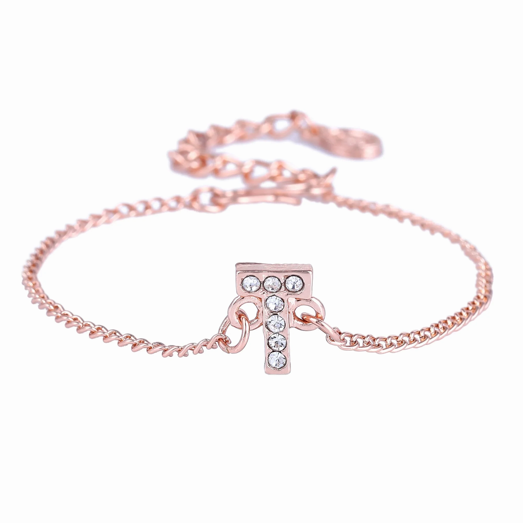 Estele Rose Gold Plated Captivating Medium 'T' Letter Bracelet with Crystals for Women