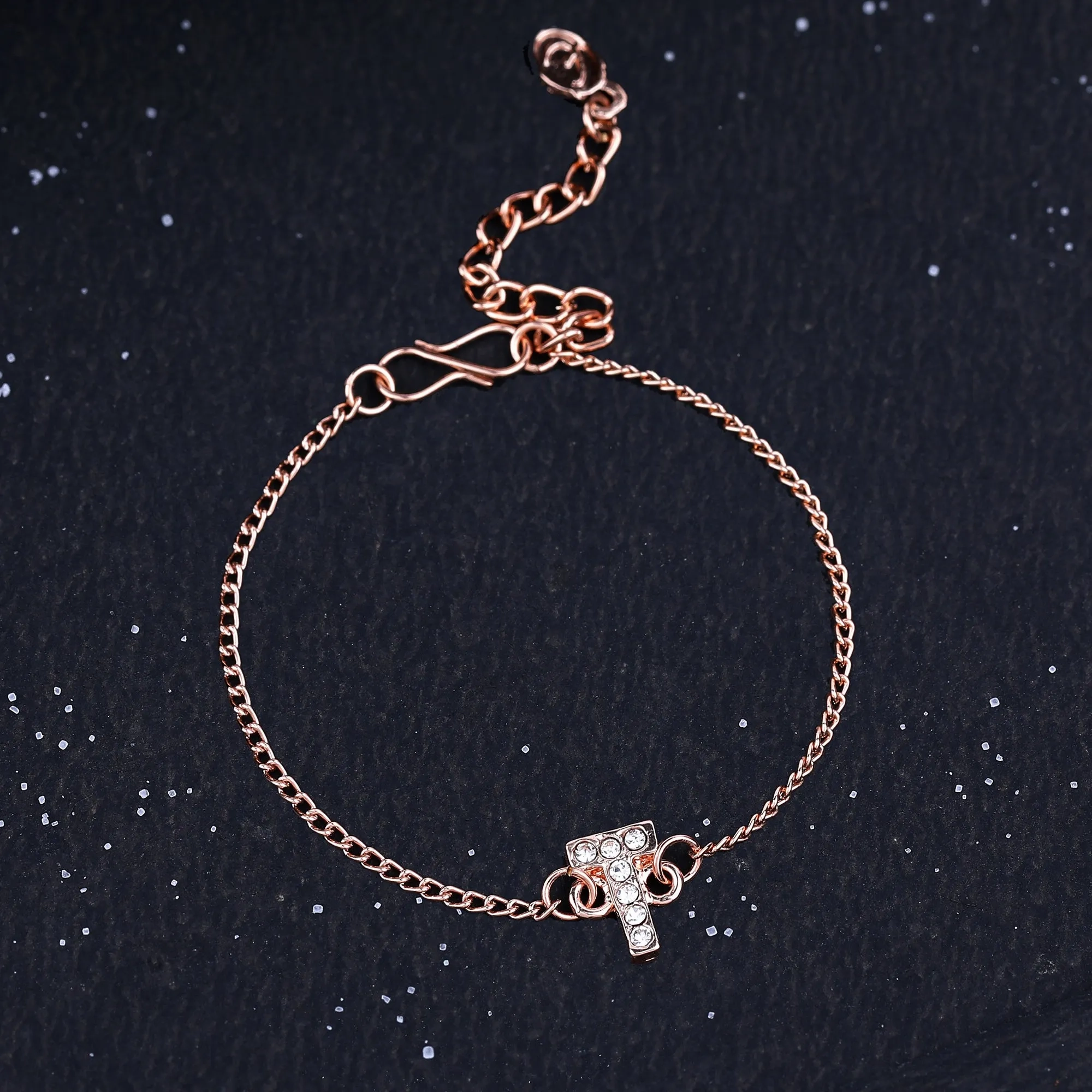 Estele Rose Gold Plated Captivating Medium 'T' Letter Bracelet with Crystals for Women