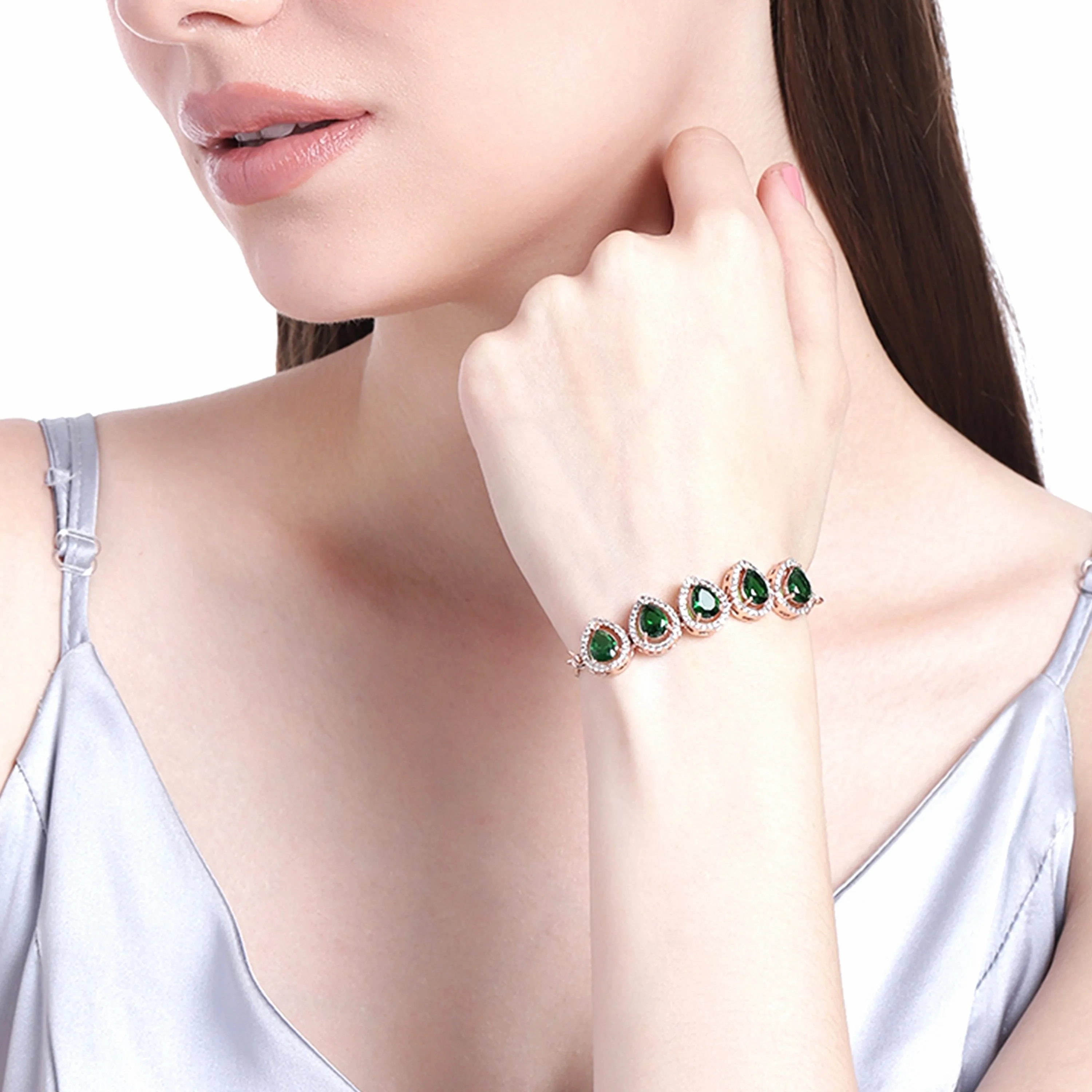 Estele Rose Gold Plated CZ Precious Pears Bracelet with Emerald Crystals for Women