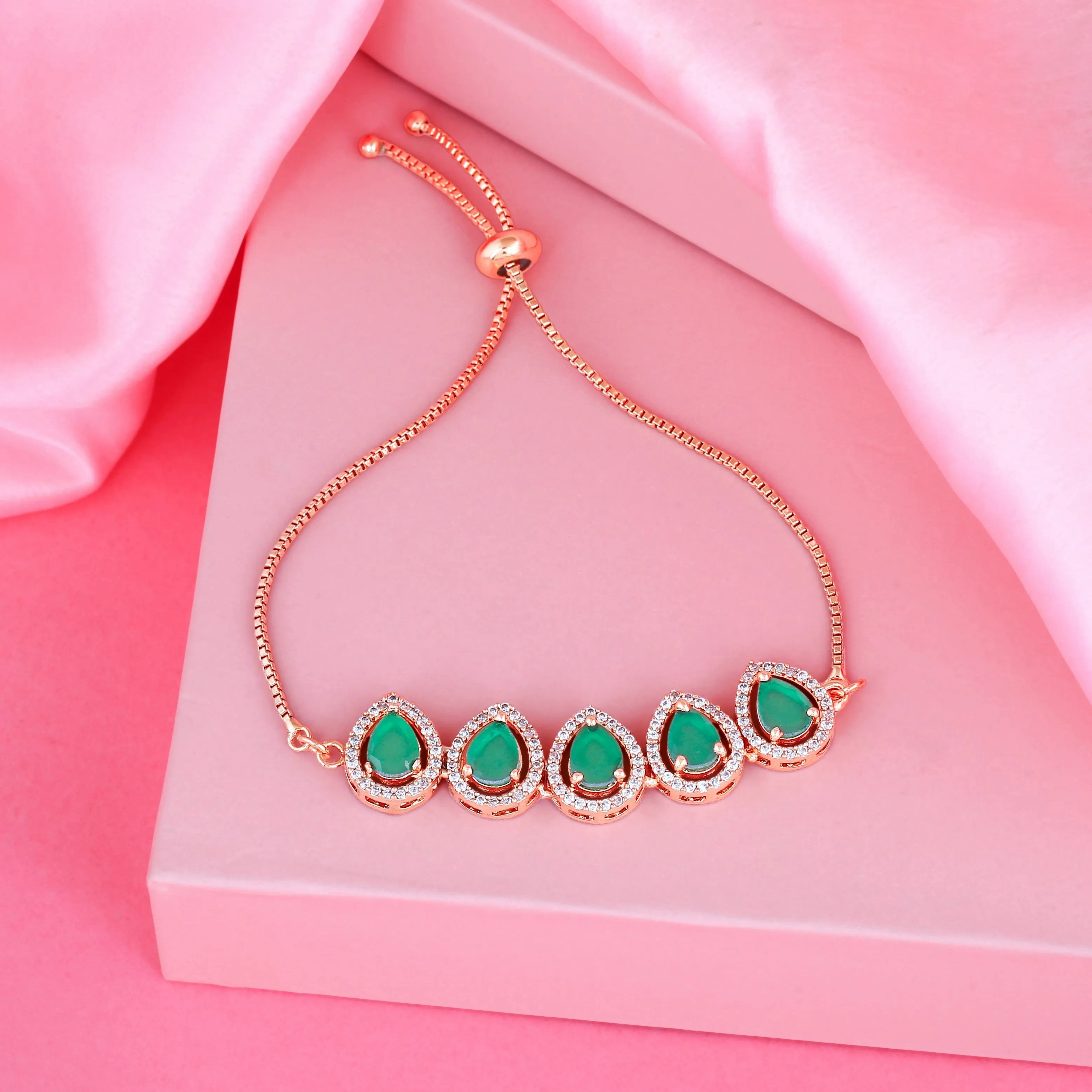 Estele Rose Gold Plated CZ Precious Pears Bracelet with Emerald Crystals for Women