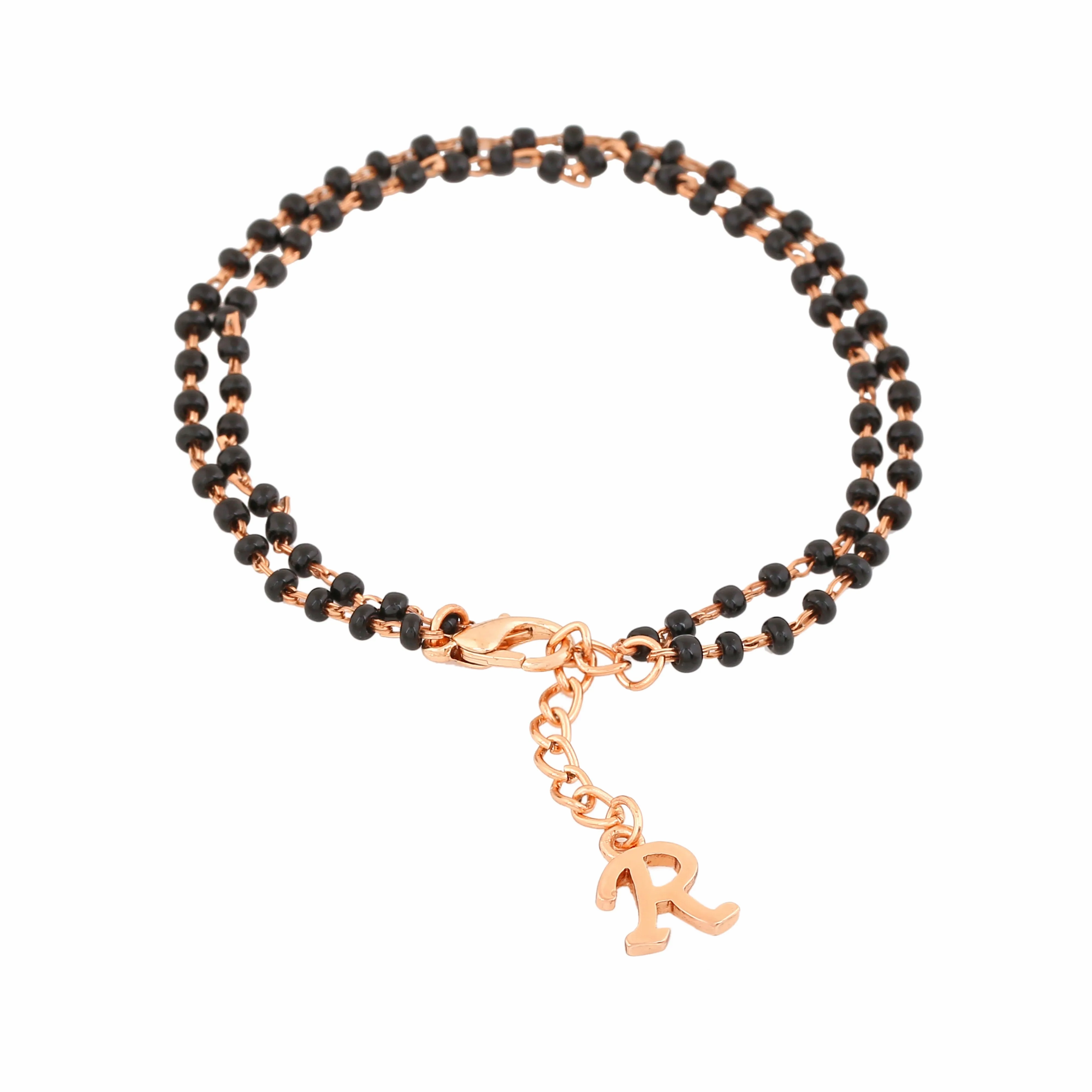 Estele Rose Gold Plated Personalized &quot;R&quot; Initial Mangalsutra Charm Bracelet with Black Beads for Women