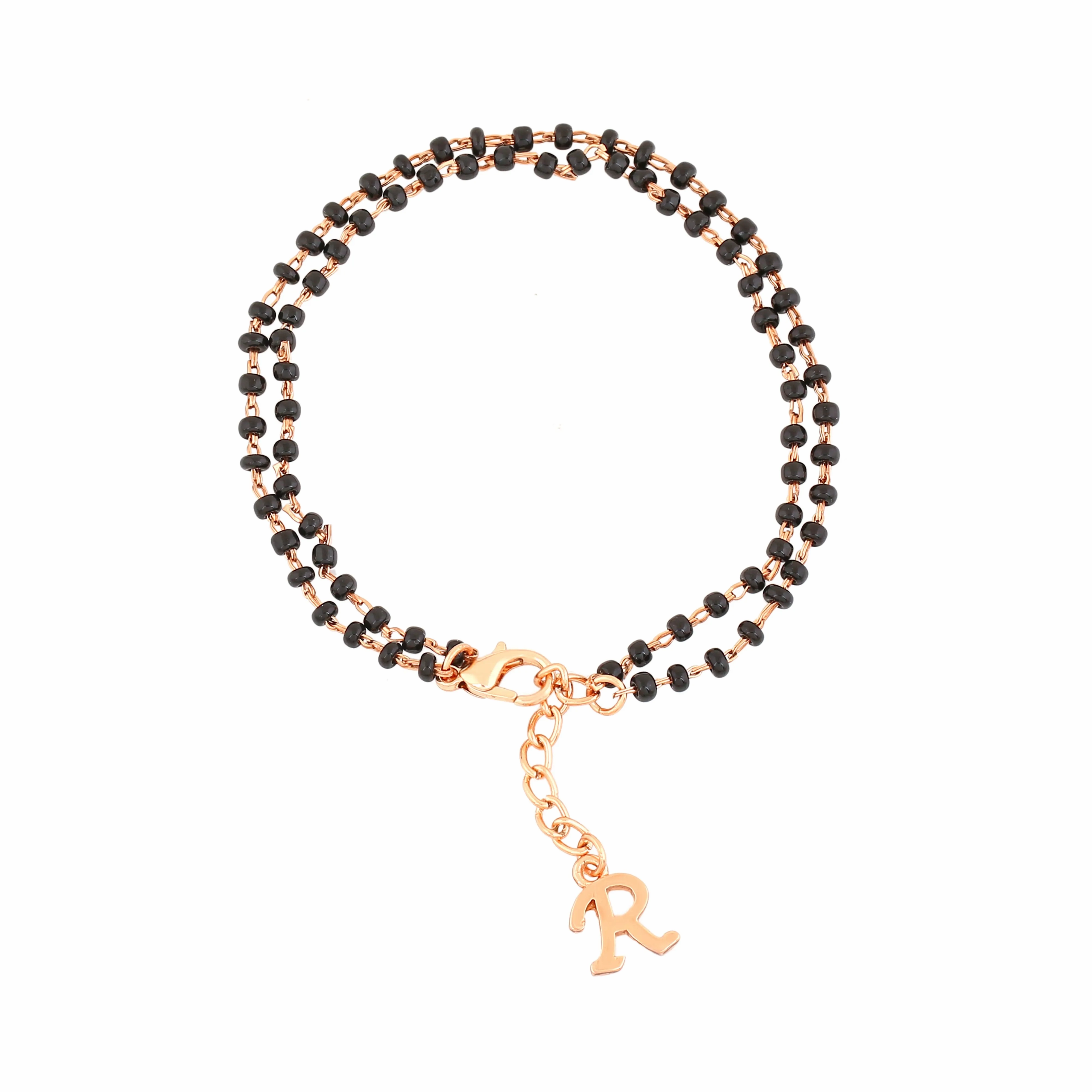 Estele Rose Gold Plated Personalized &quot;R&quot; Initial Mangalsutra Charm Bracelet with Black Beads for Women