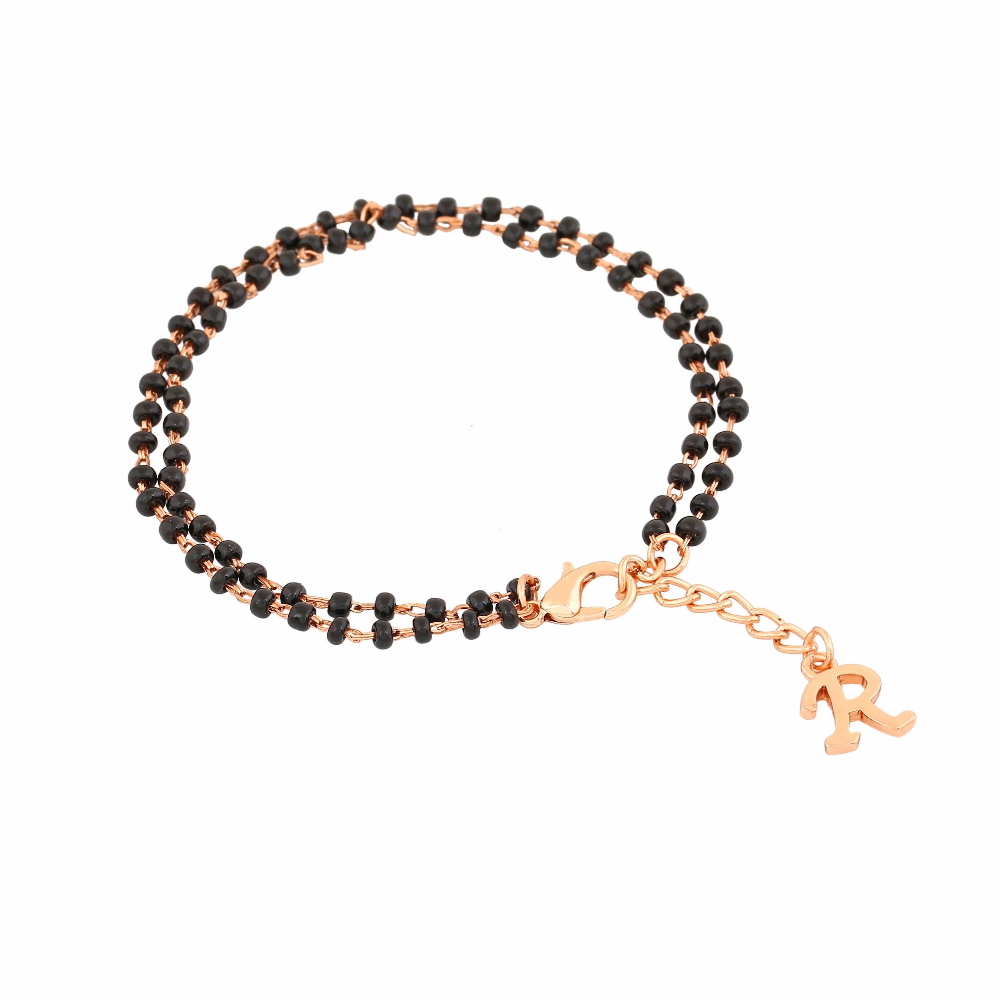 Estele Rose Gold Plated Personalized &quot;R&quot; Initial Mangalsutra Charm Bracelet with Black Beads for Women