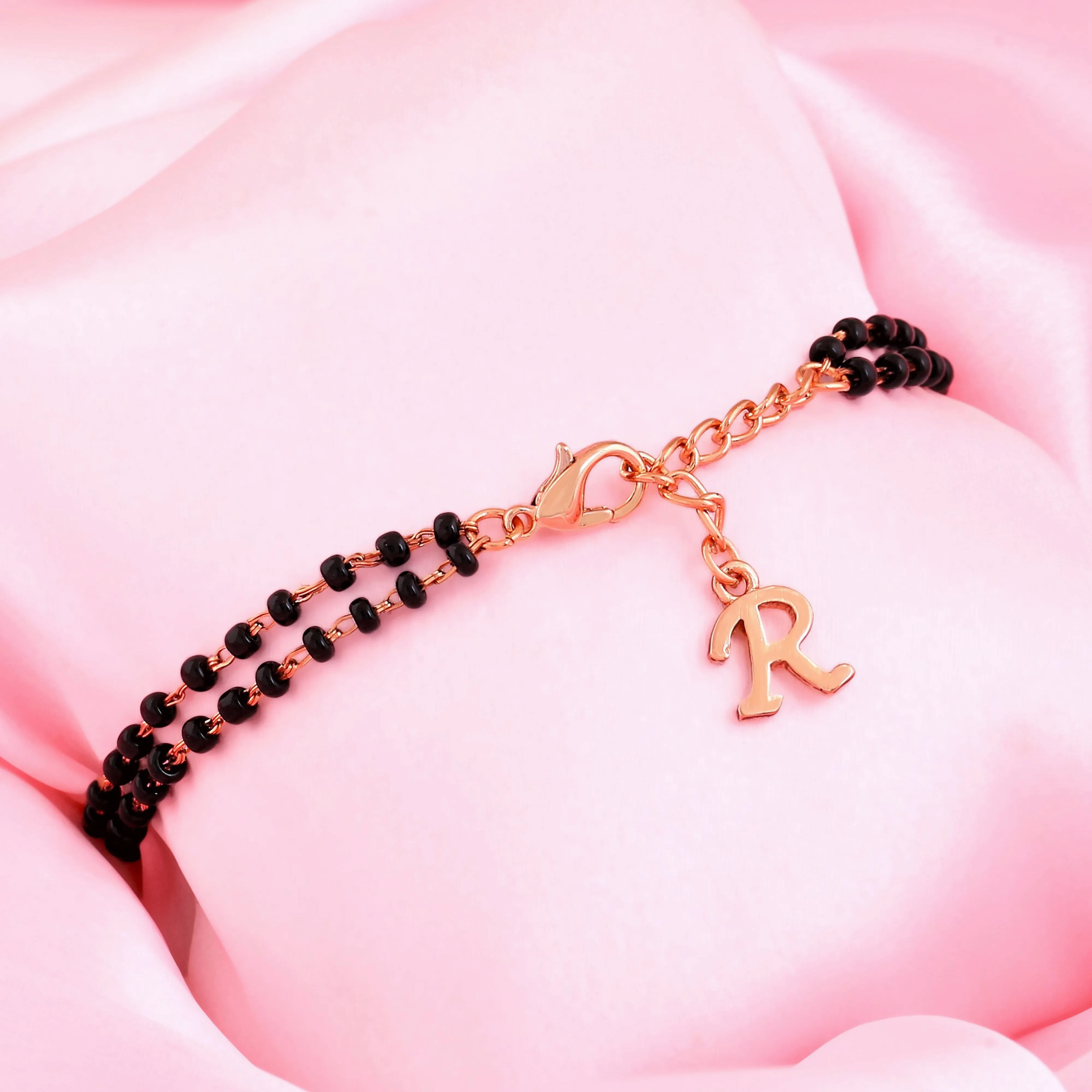 Estele Rose Gold Plated Personalized &quot;R&quot; Initial Mangalsutra Charm Bracelet with Black Beads for Women