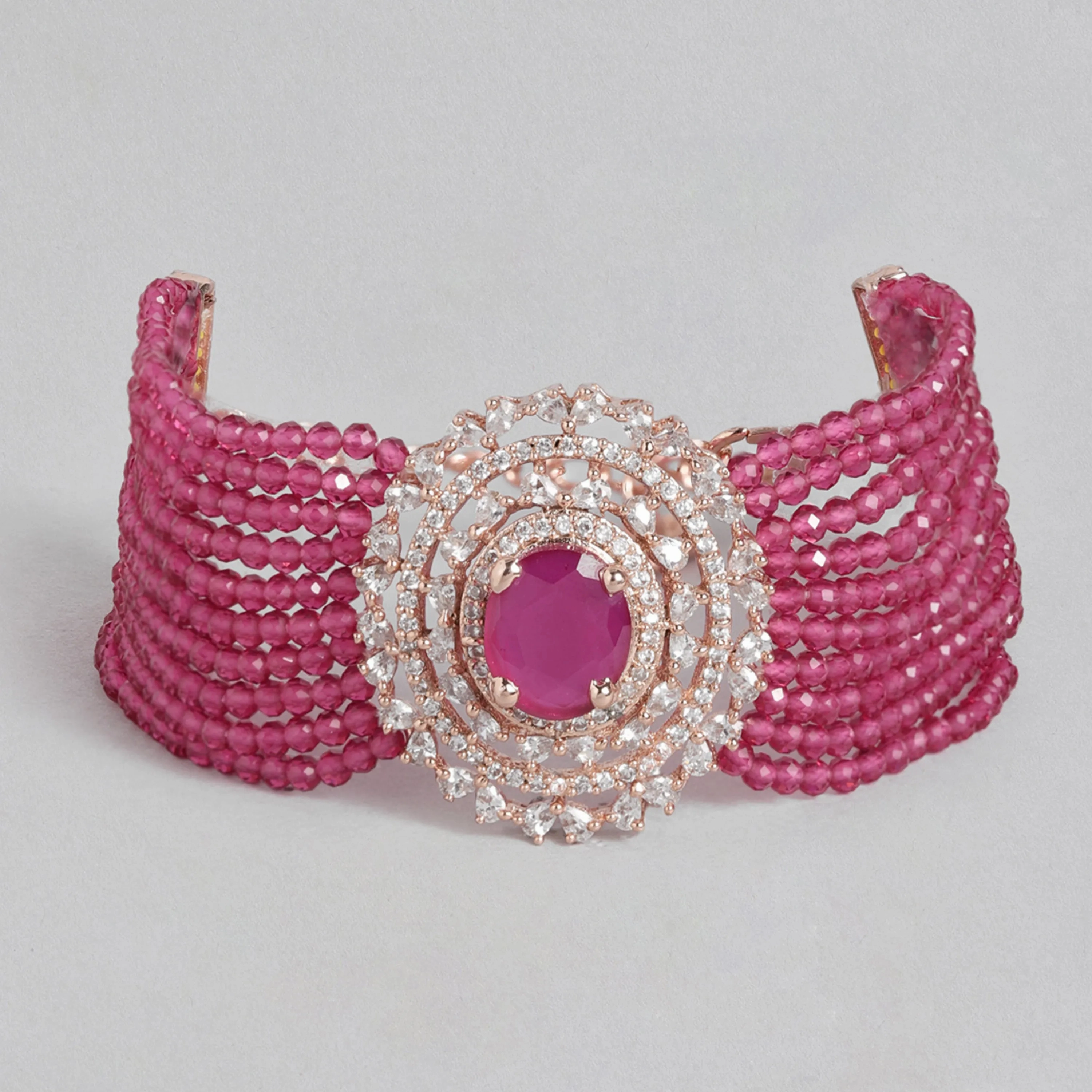 Estele Rosegold Plated CZ Gorgeous Multi-Layered Bracelet with Ruby Stones for Women