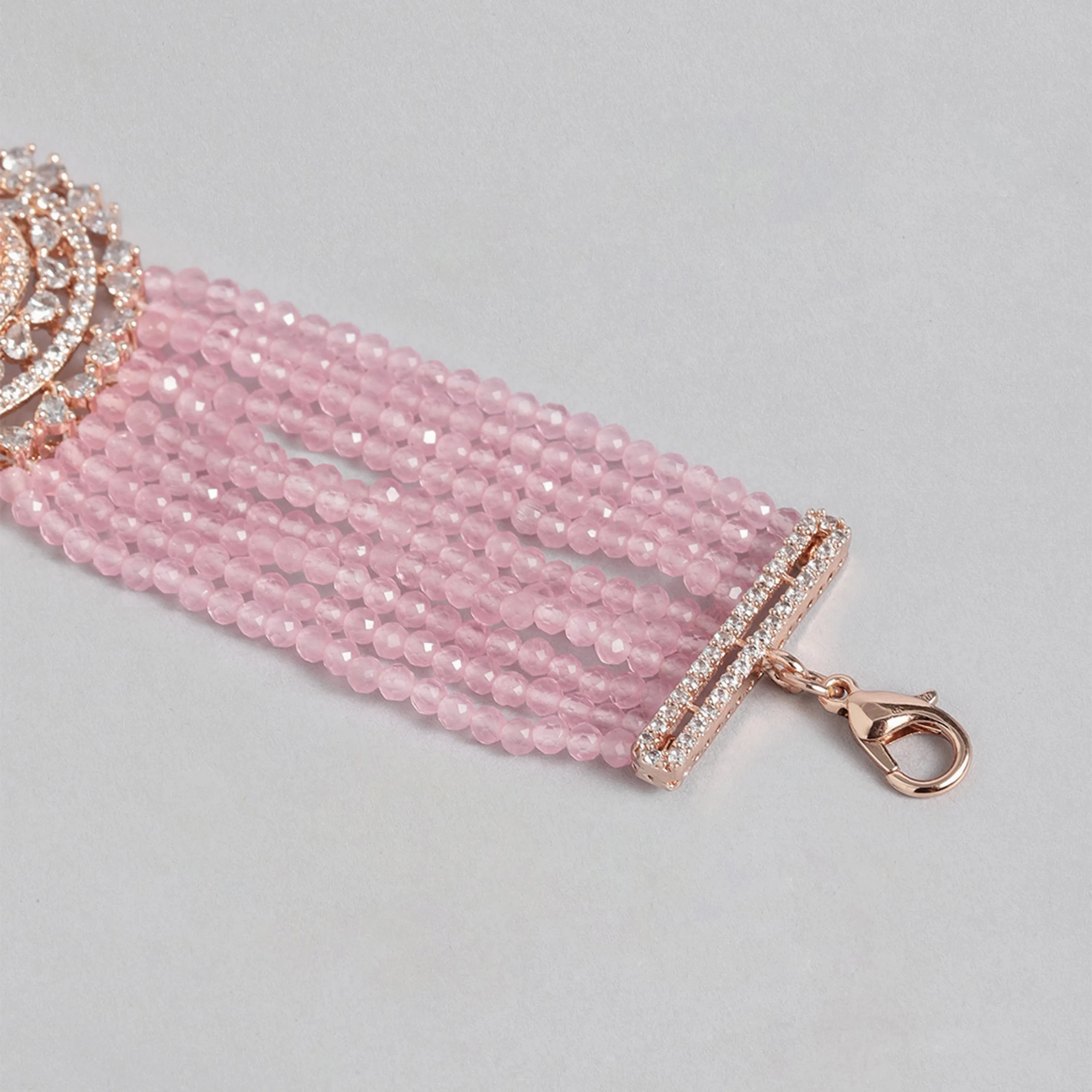 Estele Rosegold Plated CZ Sparkling Multi-Layered Bracelet with Mint Pink Stones for Women