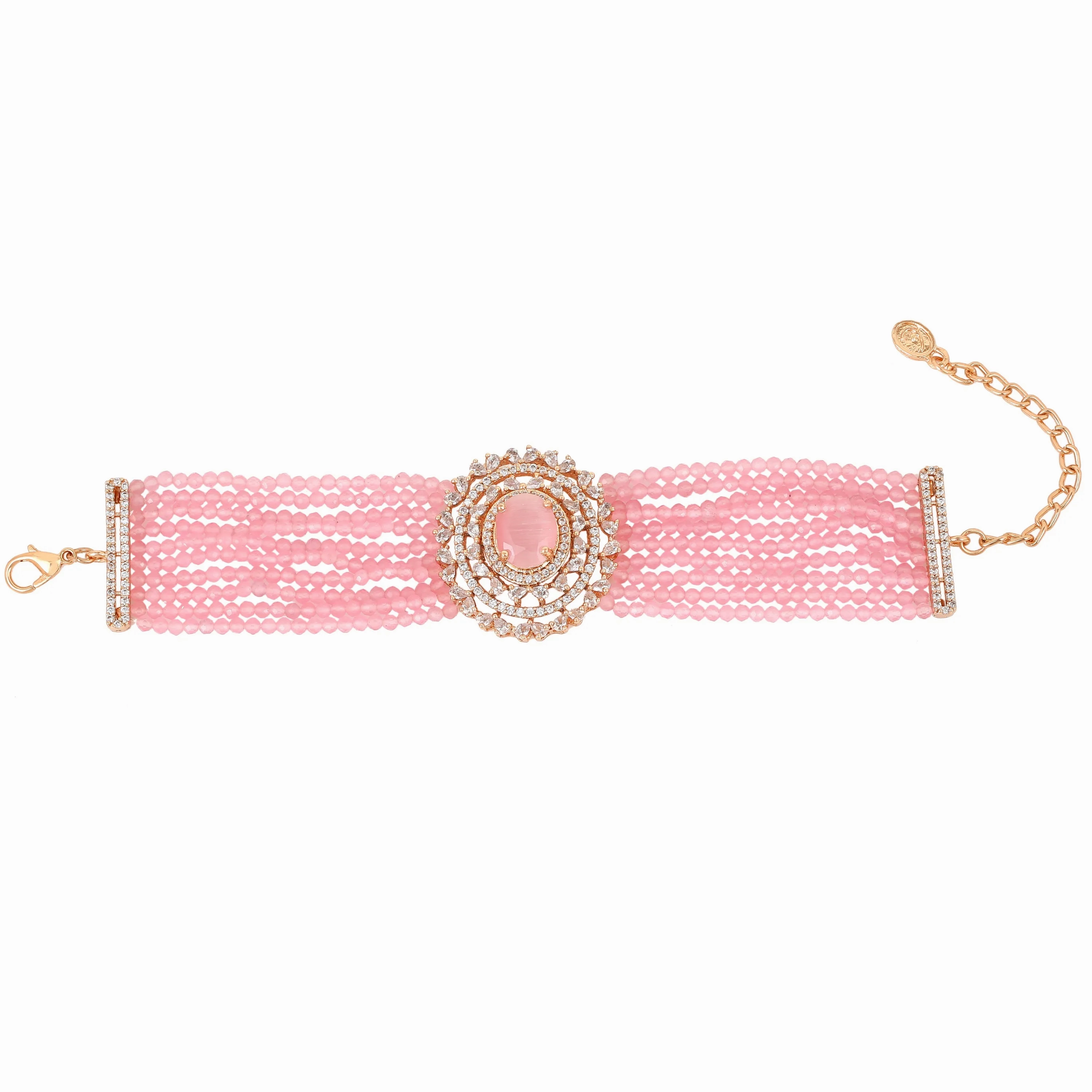 Estele Rosegold Plated CZ Sparkling Multi-Layered Bracelet with Mint Pink Stones for Women