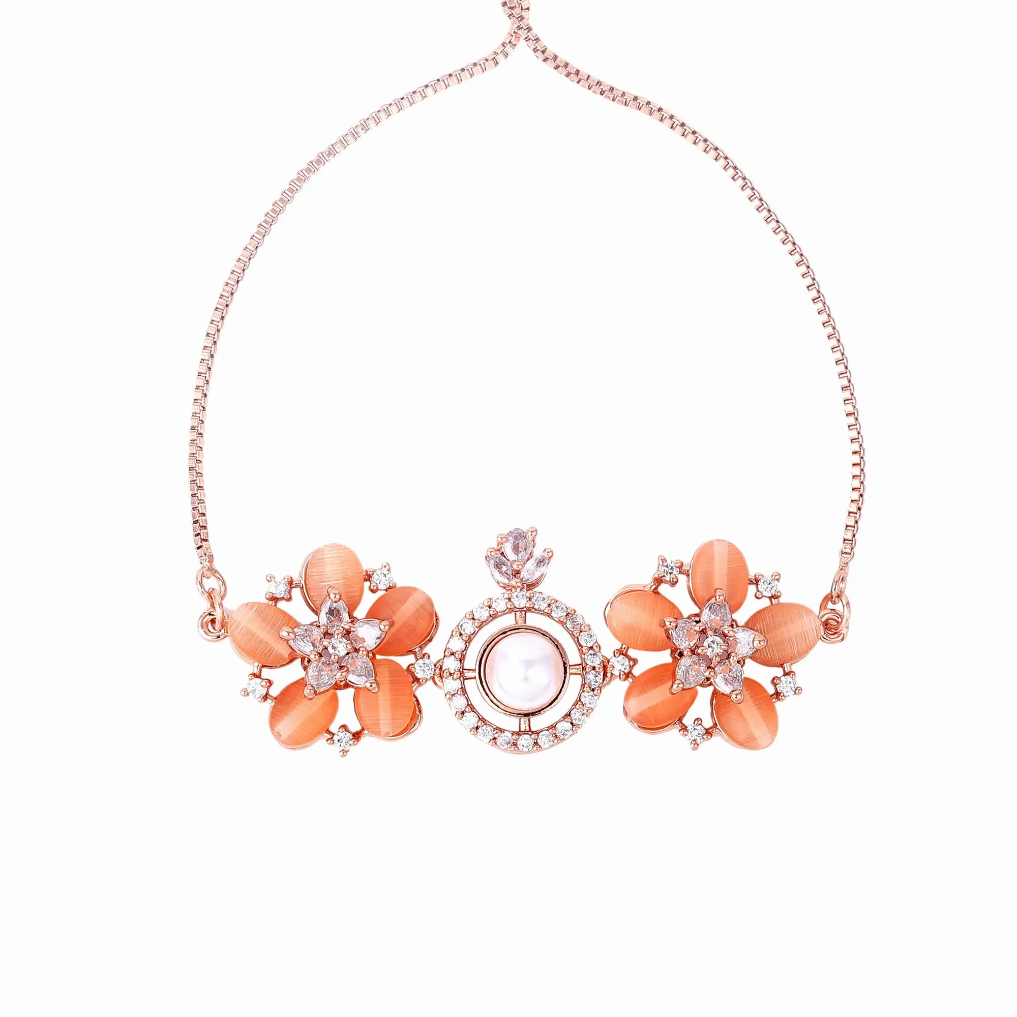 Estele Rosegold Plated Elegant Flower Designer Minimalistic Adjustable Varya Bracelet with Mint Orange Beads for Women