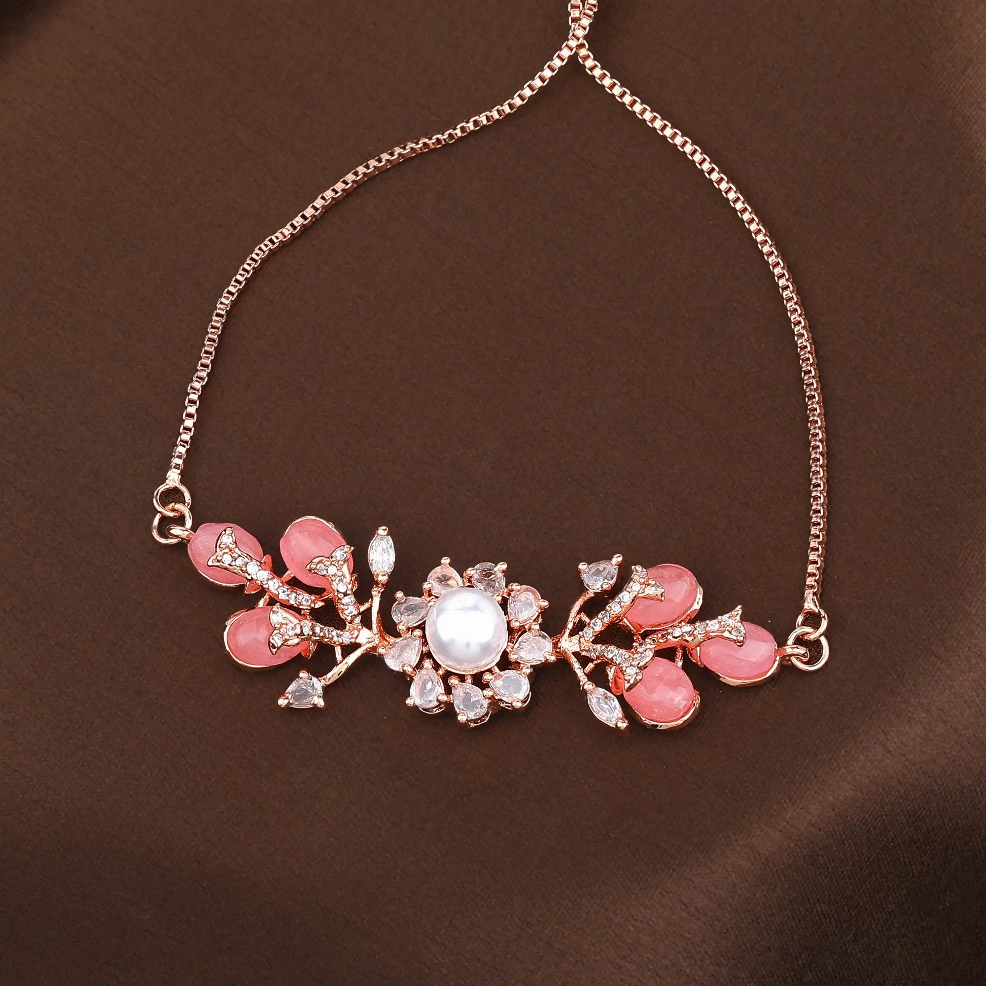 Estele Rosegold Plated Elegant Leafy Bloom Designer Varya Bracelet with Mint Pink Beads for Women|A Stylish Blend of Floral Grace