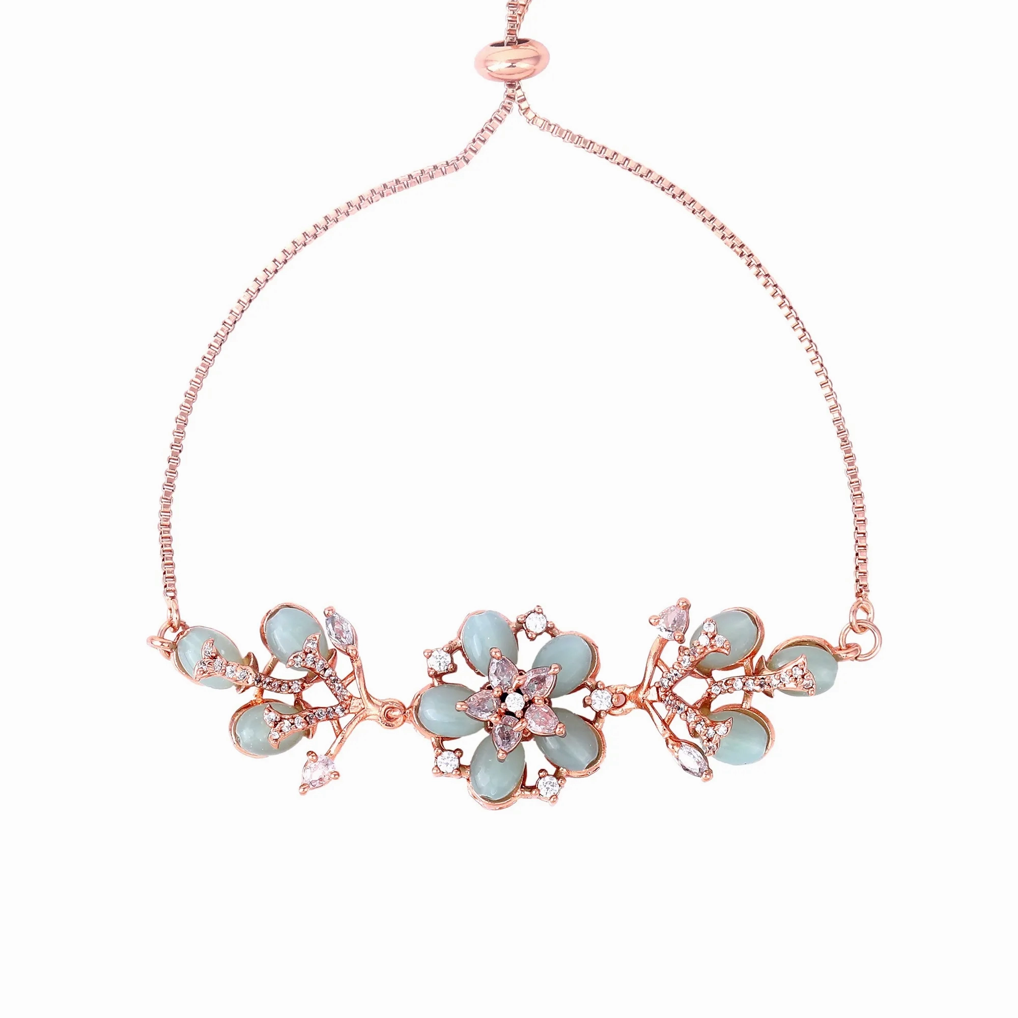Estele Rosegold Plated Floral Designer Mint Green Beaded Flexible Varya Bracelet|A Classy Wrist Accessory for Modern Ladies