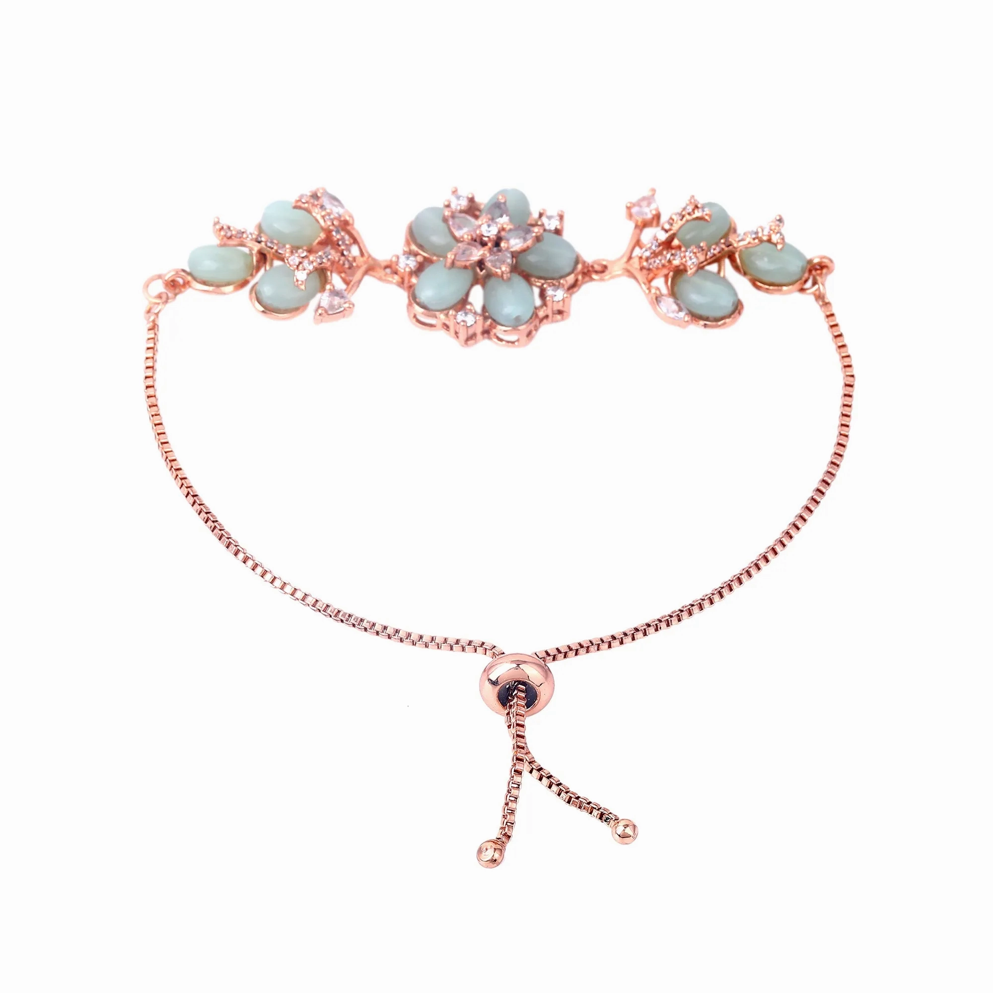 Estele Rosegold Plated Floral Designer Mint Green Beaded Flexible Varya Bracelet|A Classy Wrist Accessory for Modern Ladies