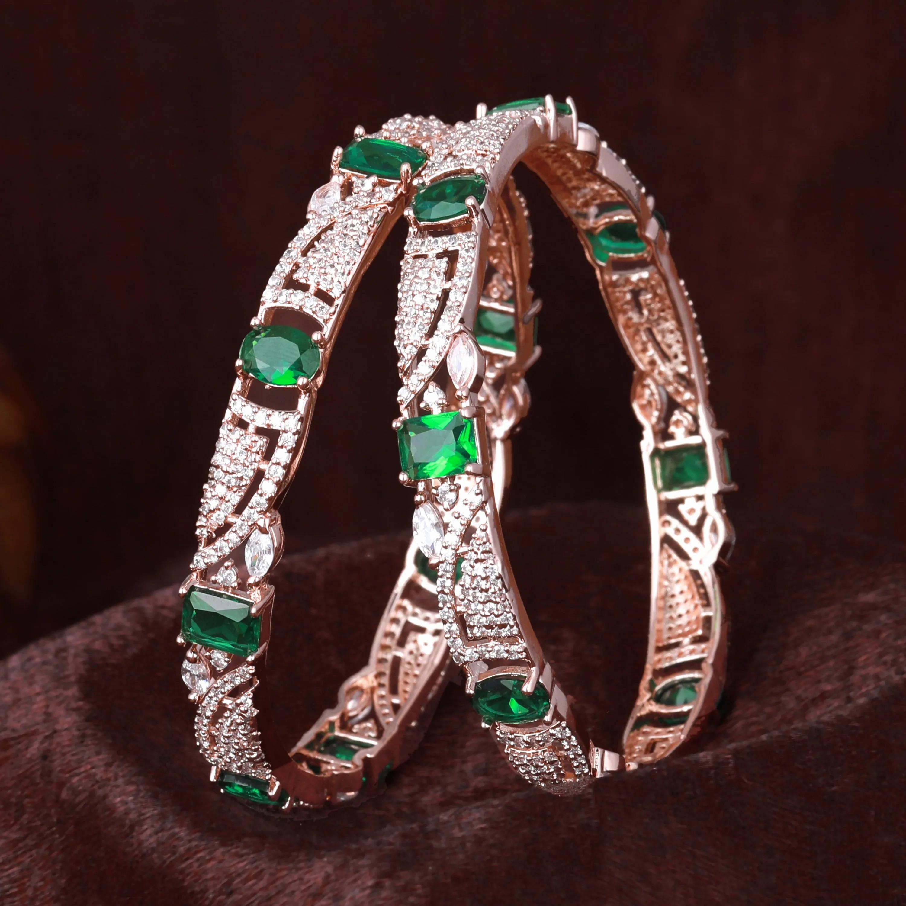Estele Rosegold Plated Luxurious Green American Diamond Bangles |Available in 2:4, 2:6 &amp; 2:8 Sizes|Perfect Blend of Glamour &amp; Elegance for Women