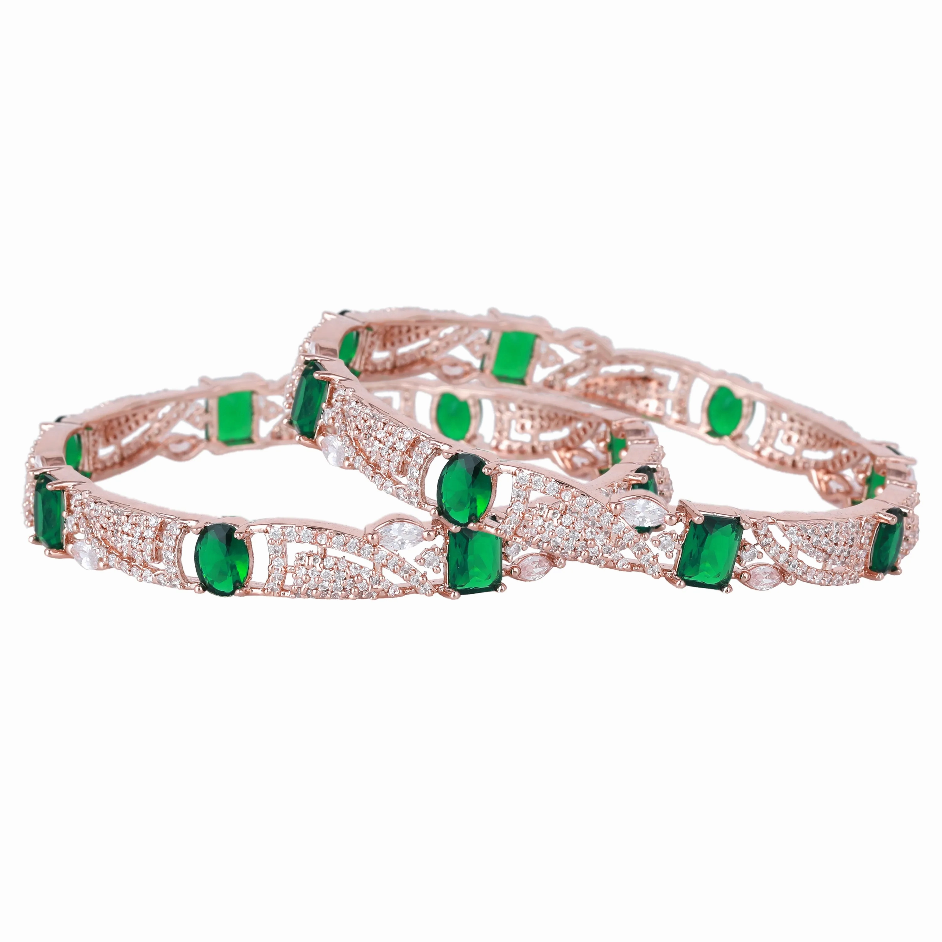 Estele Rosegold Plated Luxurious Green American Diamond Bangles |Available in 2:4, 2:6 &amp; 2:8 Sizes|Perfect Blend of Glamour &amp; Elegance for Women