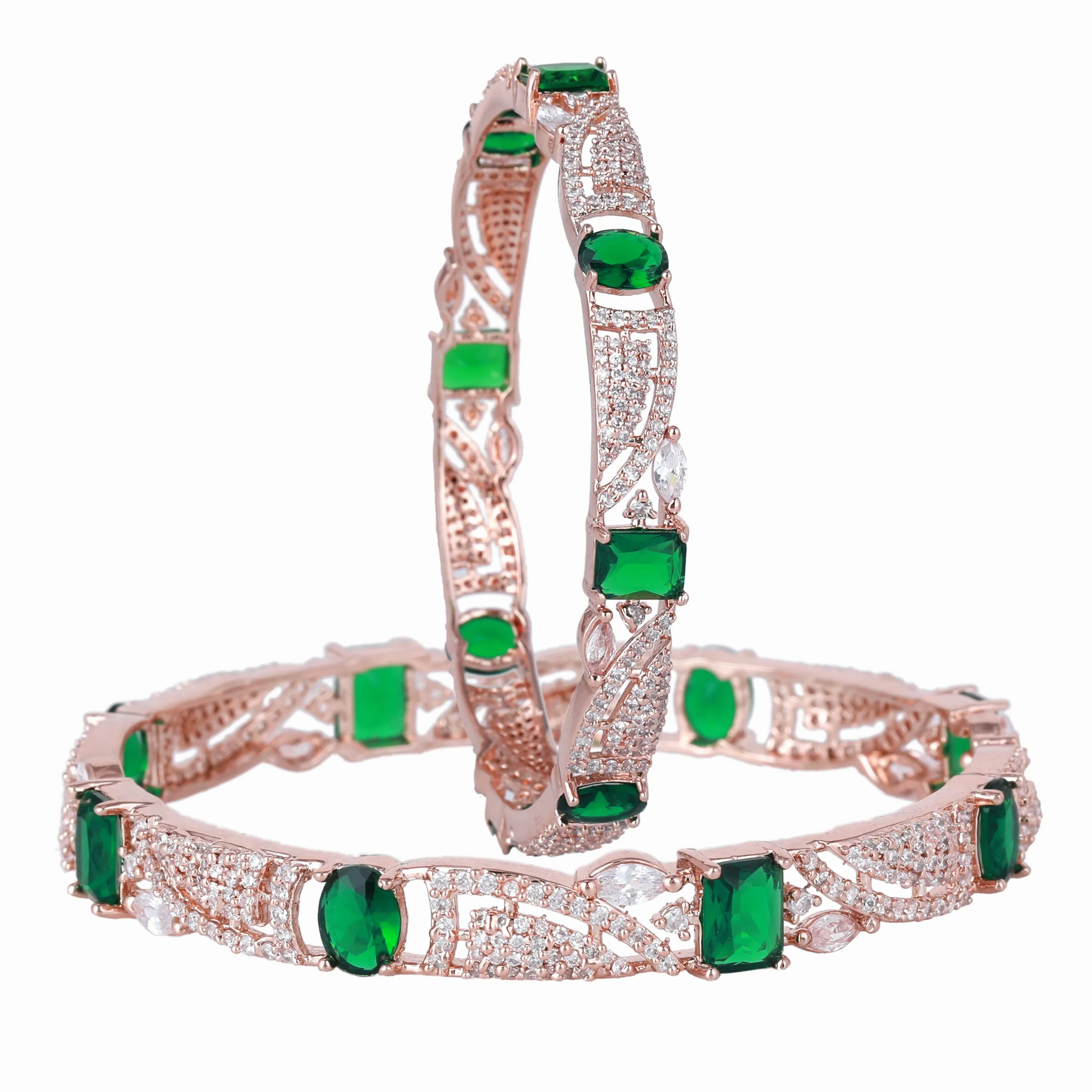Estele Rosegold Plated Luxurious Green American Diamond Bangles |Available in 2:4, 2:6 &amp; 2:8 Sizes|Perfect Blend of Glamour &amp; Elegance for Women