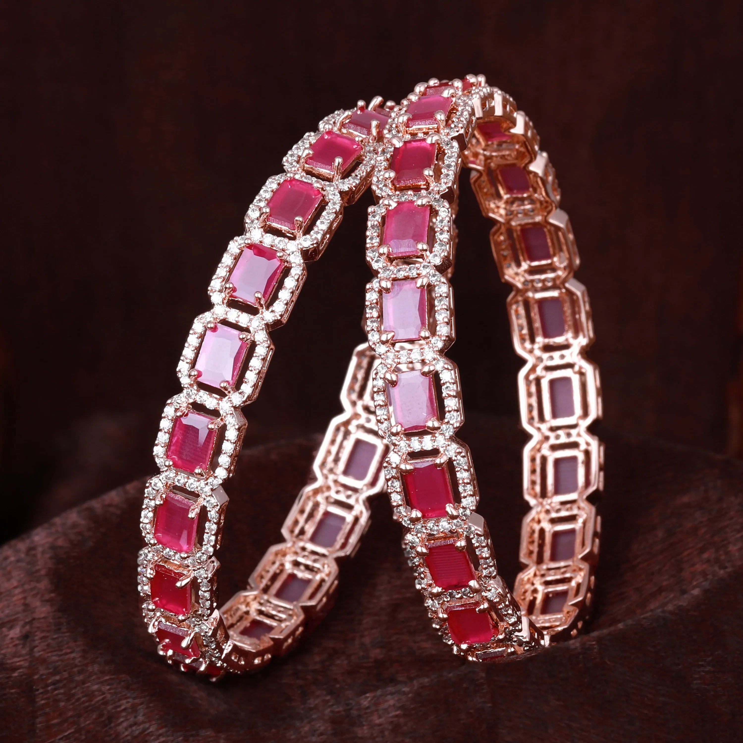 Estele Rosegold Plated Luxurious Ruby American Diamond Bangles | Available Sizes 2:4, 2:6 &amp; 2:8|A Radiant Choice for Womens Jewelry Collection
