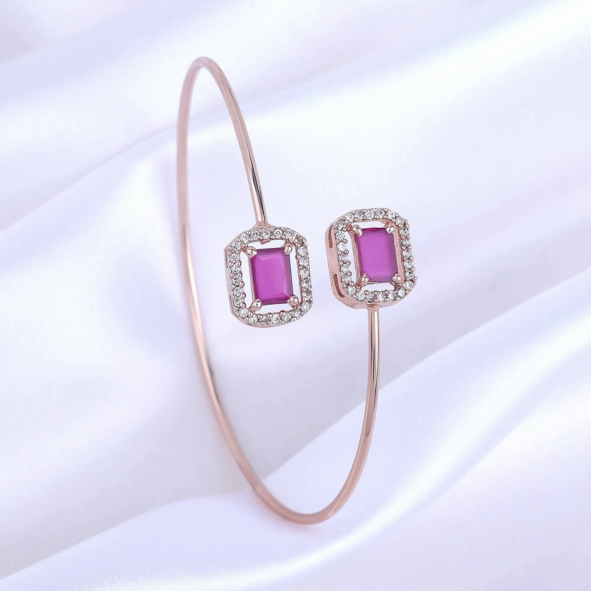 Estele Rosegold Plated Luxurious Square Designer Lightweight Cuff Kada Bracelet with Ruby American Diamonds for Women